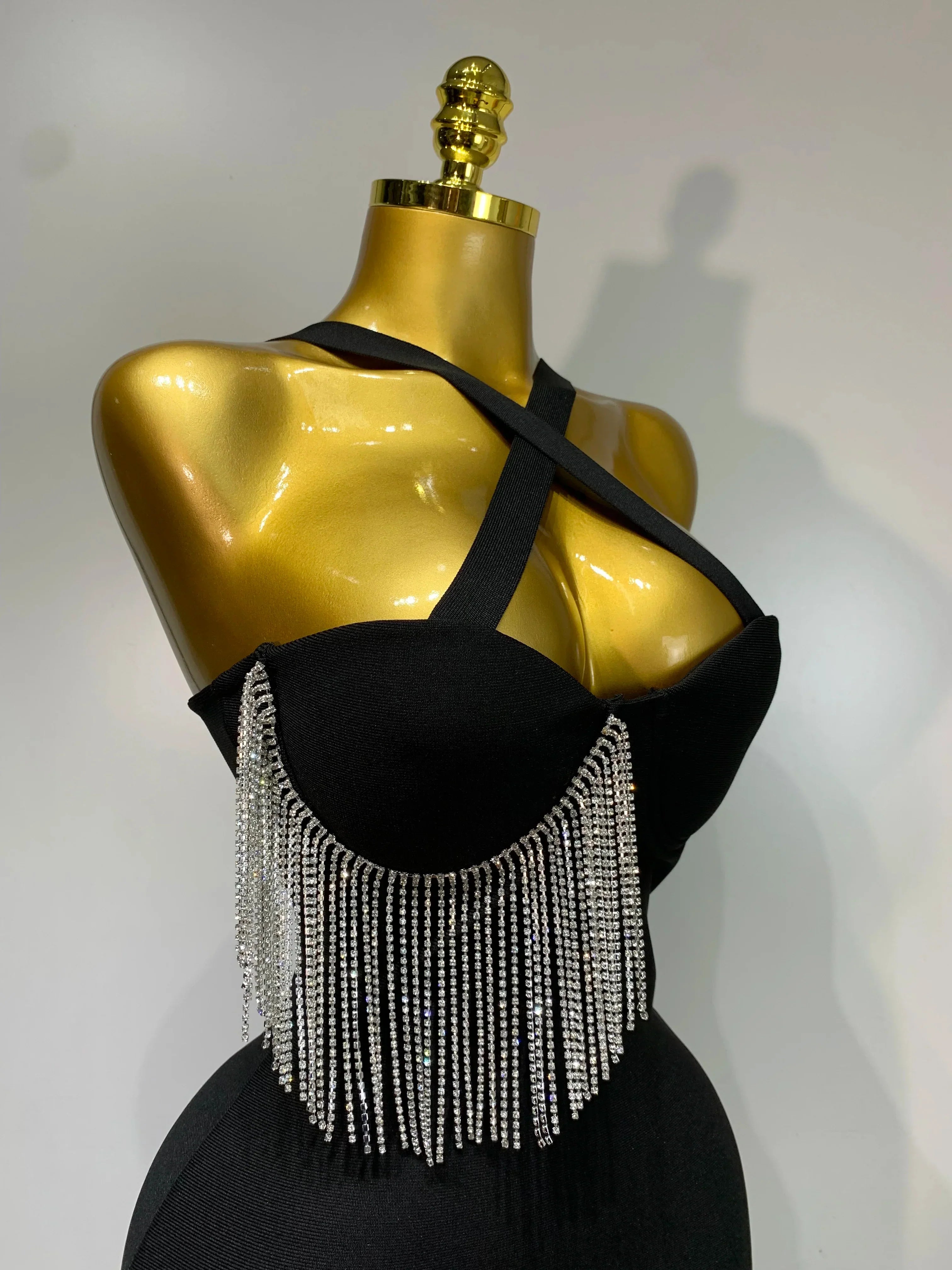Women Sexy Diamonds Tassel Crystal Midi Black Bodycon Bandage Dress  Elegant Evening Party Luxury Birthday Dresses Vestido