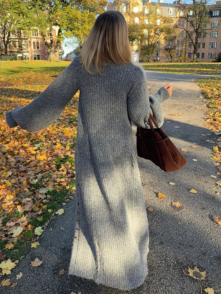 Elegant Modest Knitted Long Dress Loose Buttons Sweater Cardigans 2025 Fall Commuter Lady Fashionable Trendy Casual Woman Wear