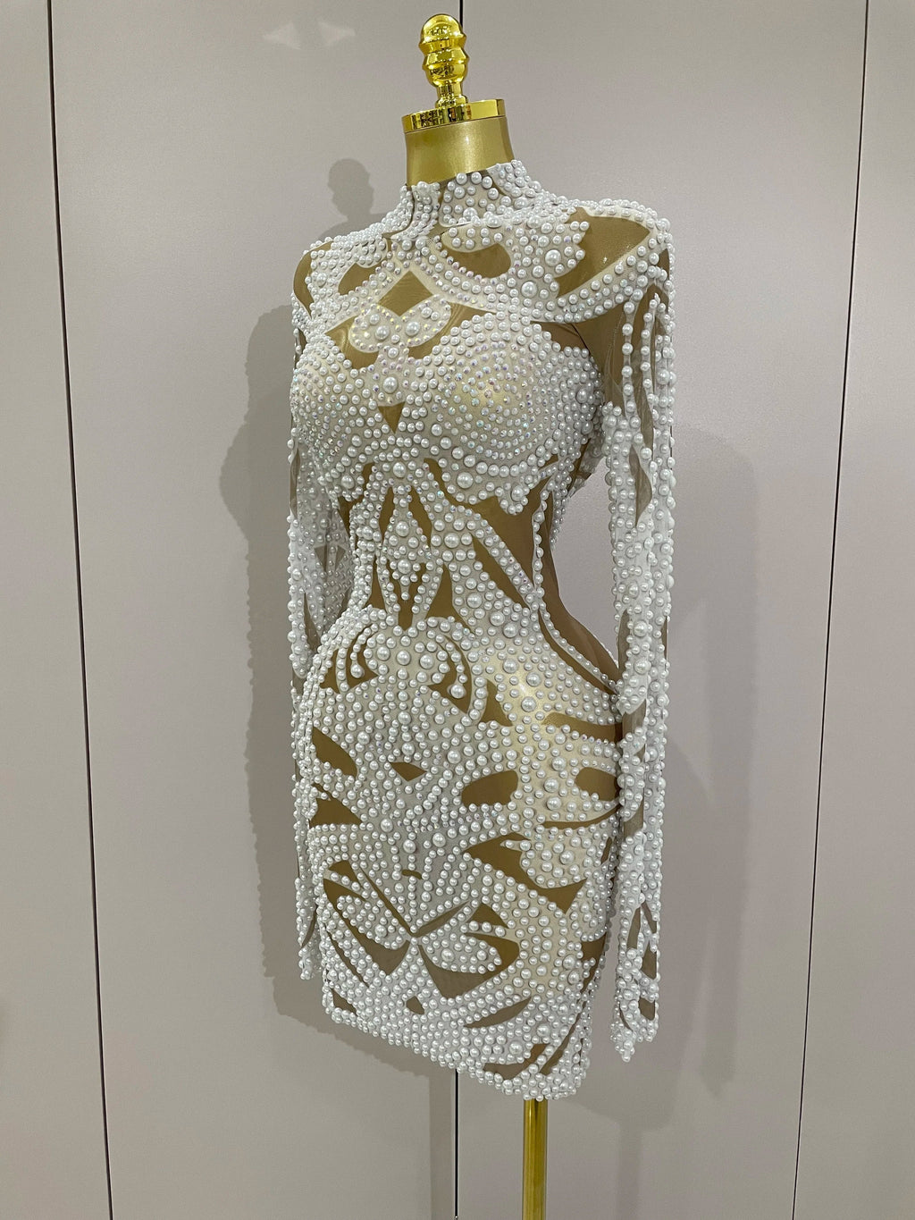 High-end Elegant Evening Gown AB Rhinestones Pearls Luxury Long Sleeves Mesh Dress Women Cocktail party Wedding Costume