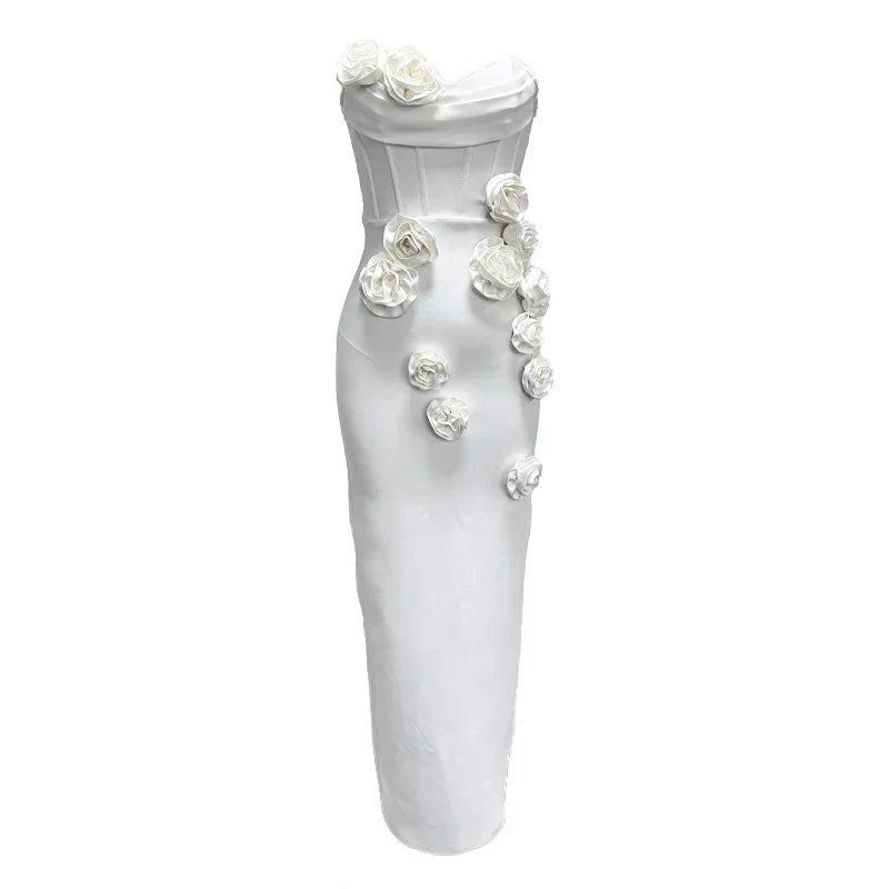 White Color Women Sexy Strapless Florals Off the Shoulder Bodycon Bandage Mid-calf Dress Celebrate Evening Party Vestido