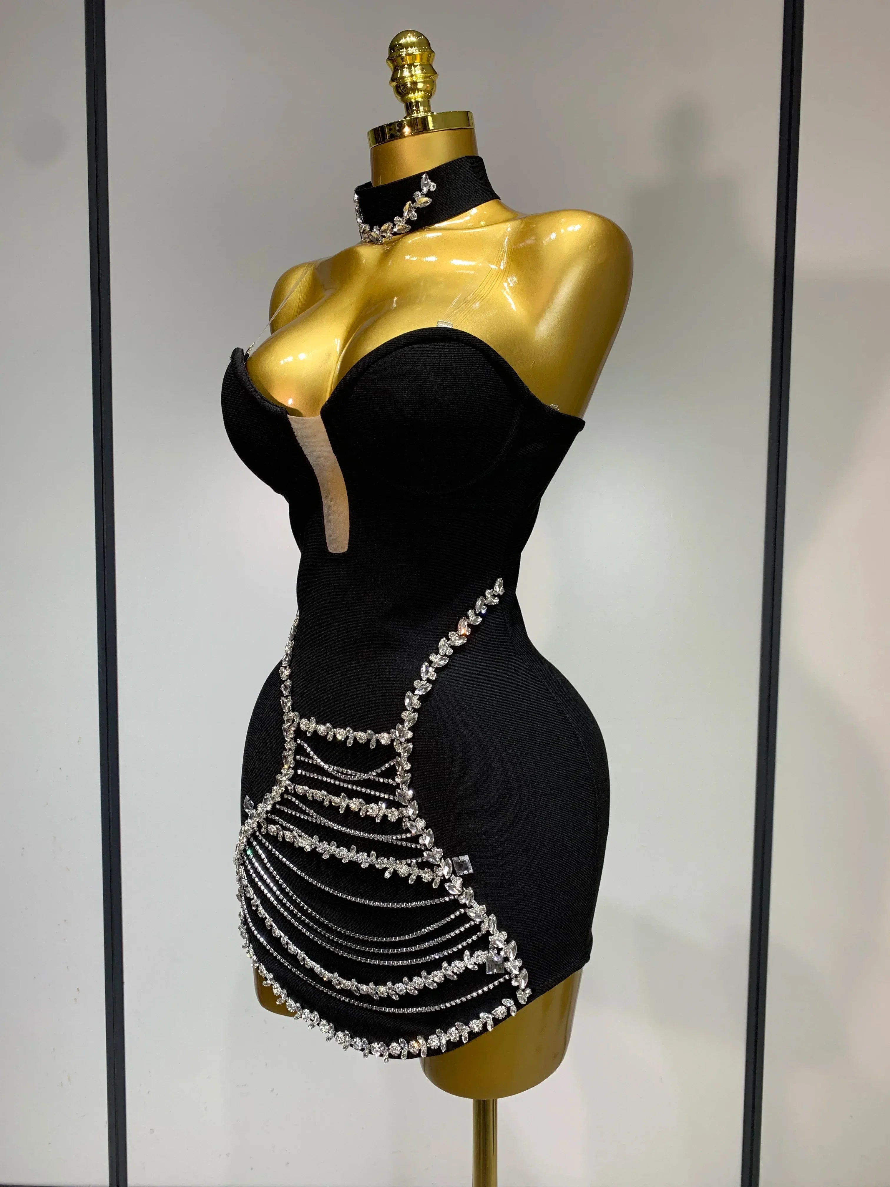Sparkly Rhinestones Chain Bodycon Strapless Mini Bandage Dress  Women Backless Luxury Birthday Evening Party Club Dresses