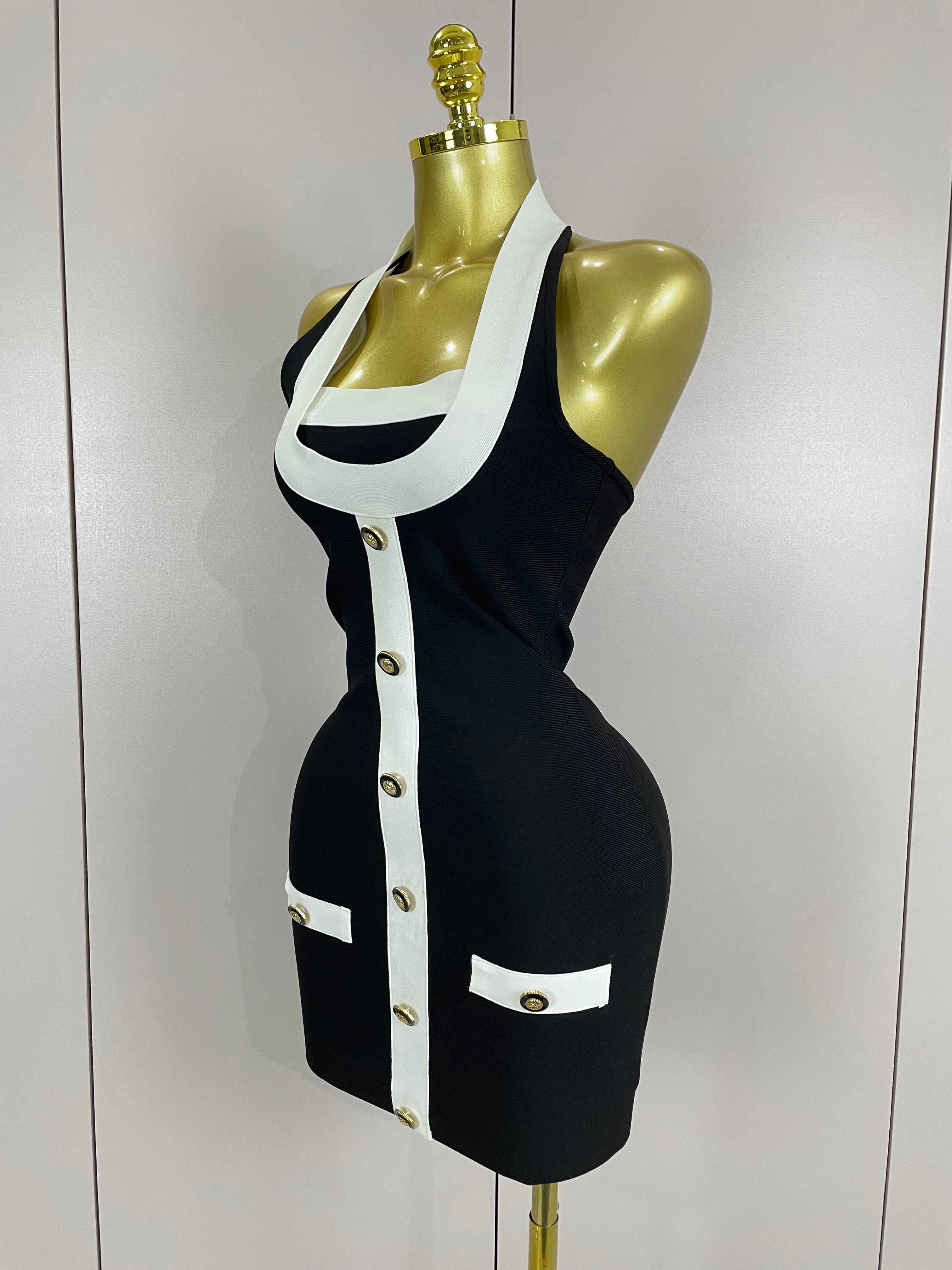 Sexy Backless Halter Button Bodycon Black Mini Bandage Dress  Women Celebrity Elegant Evening Club Party Outfit