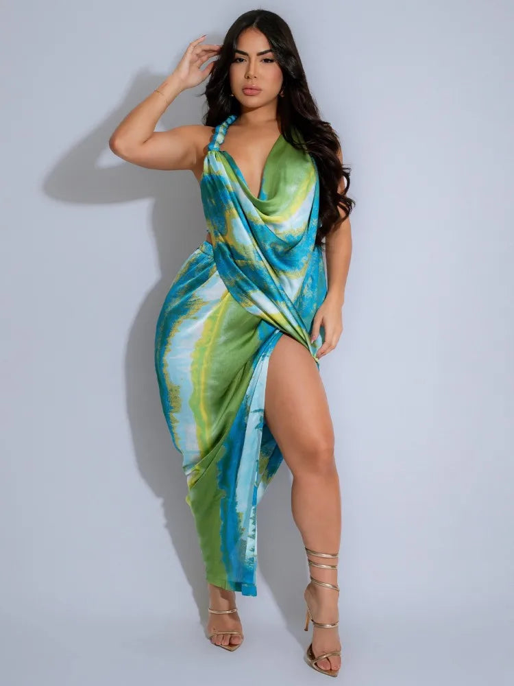 Tie Dye Halter Deep VNeck Backless Midi Dress