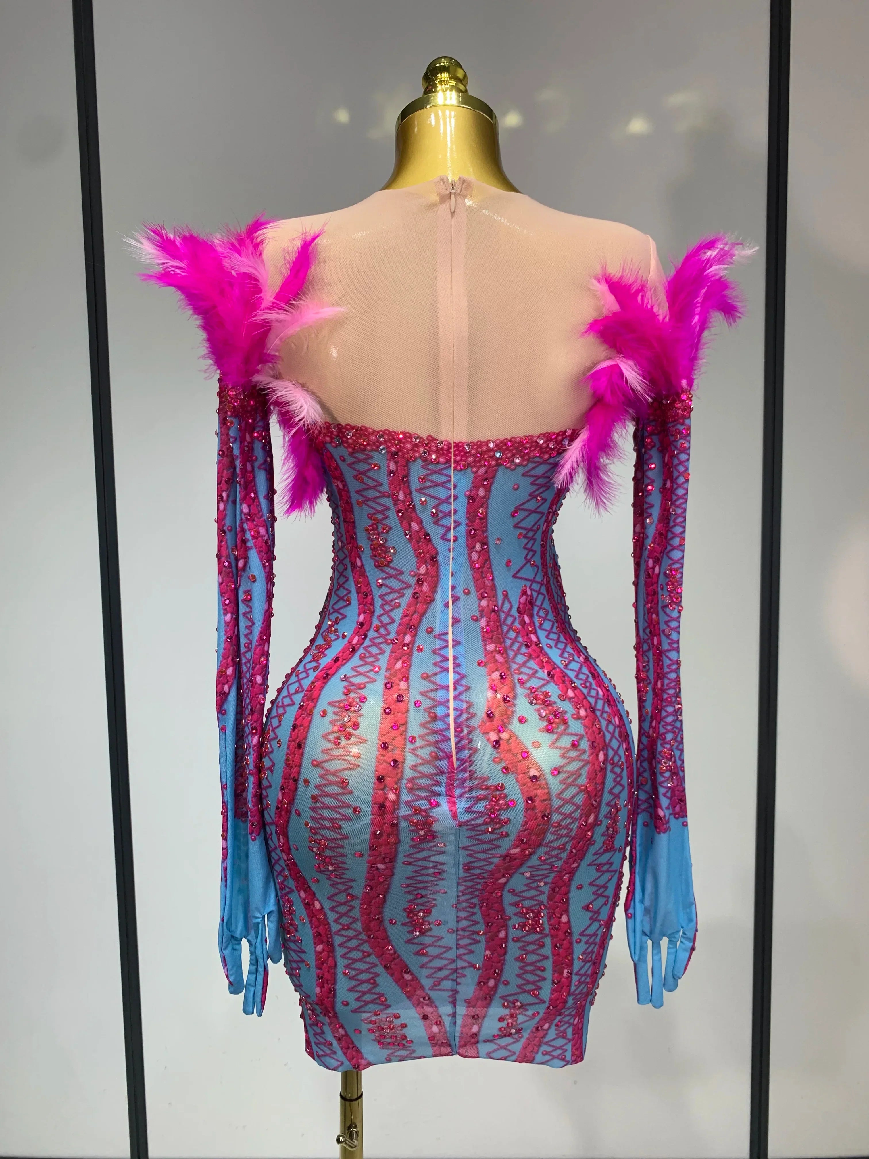Women Sexy Mesh See Through Diamond Feather Dress Elegant Evening Party Luxury Birthday Nightclub Performance Stage Costume