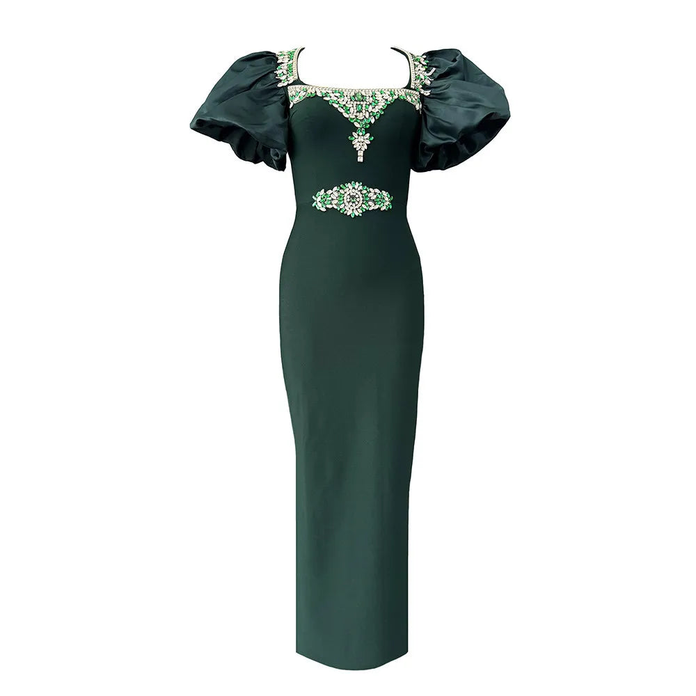 Women Short Puff Sleeve Sexy Square Collar Shinning Crystal Bodycon Long Bandage Dress Celebrate Evening Party Birthday Outfit green