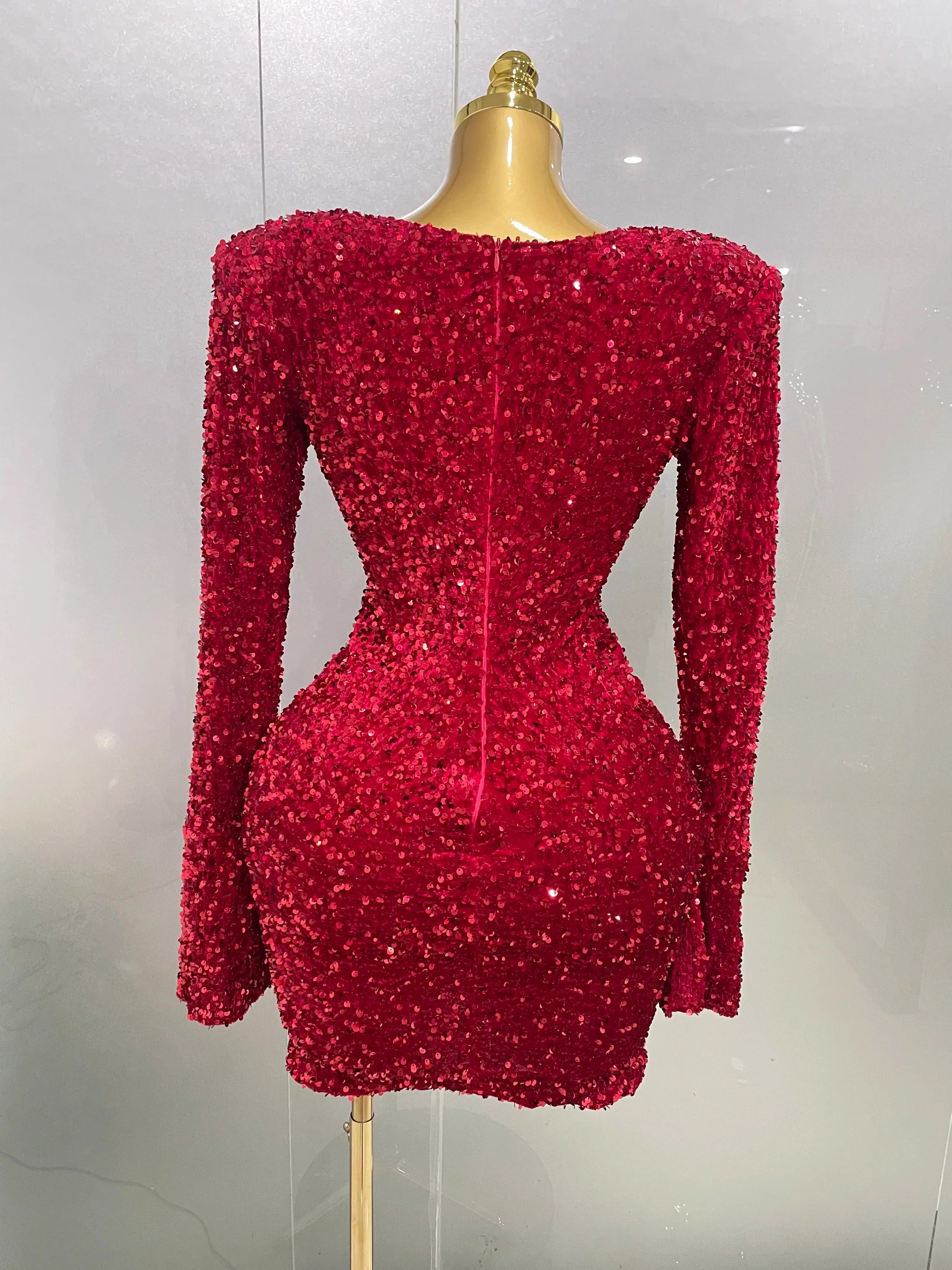 Sexy Shiny Red Sequins Rhinestones Sheath Mini Dress  Women Evening Birthday Party Nightclub Stage Performance Costume