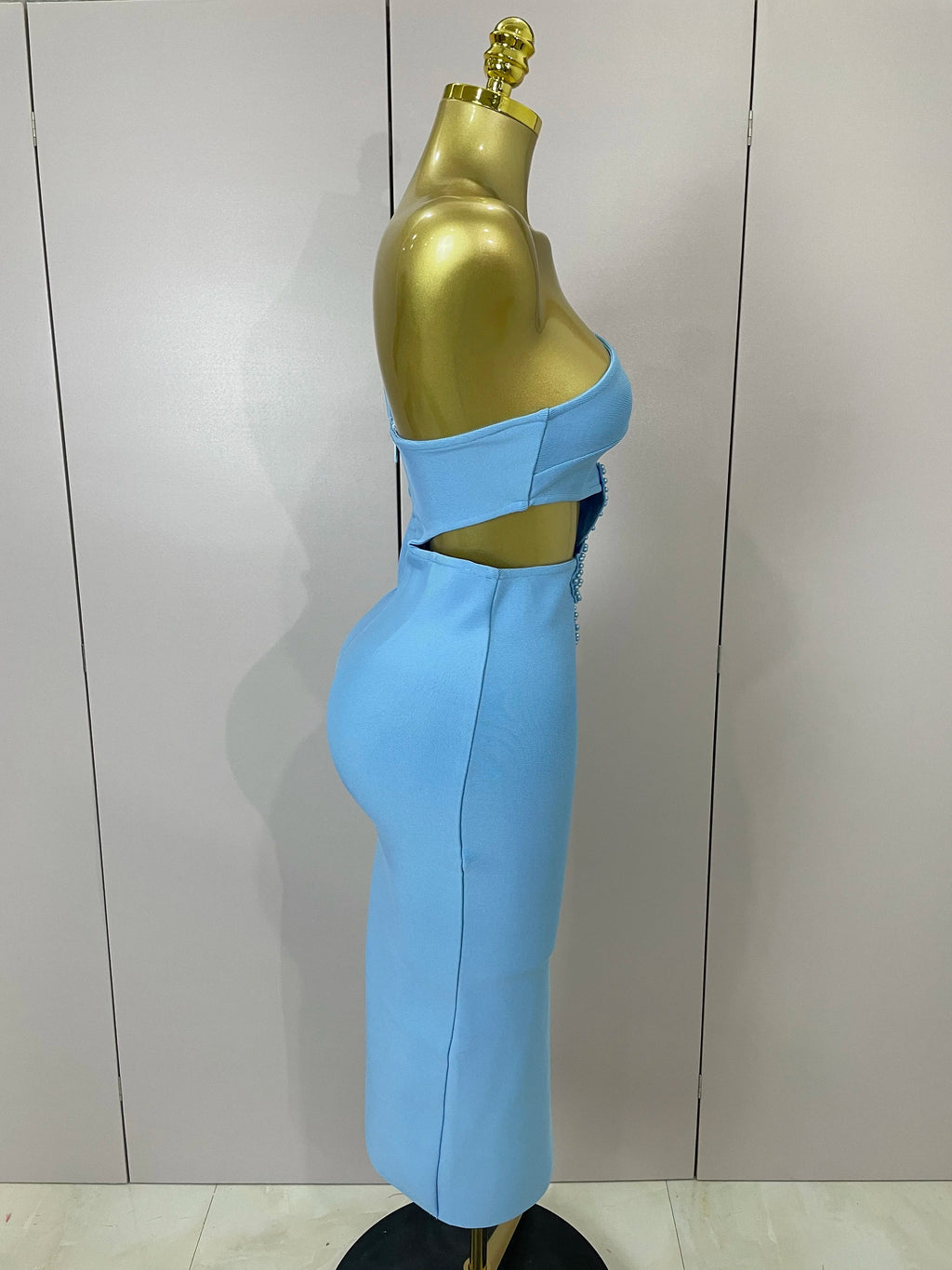 Luxury Sexy One Shoulder Pearl Sky Blue Bodycon Bandage Dress  Women Celebrity Elegant Evening Club Birthday Party Outfit