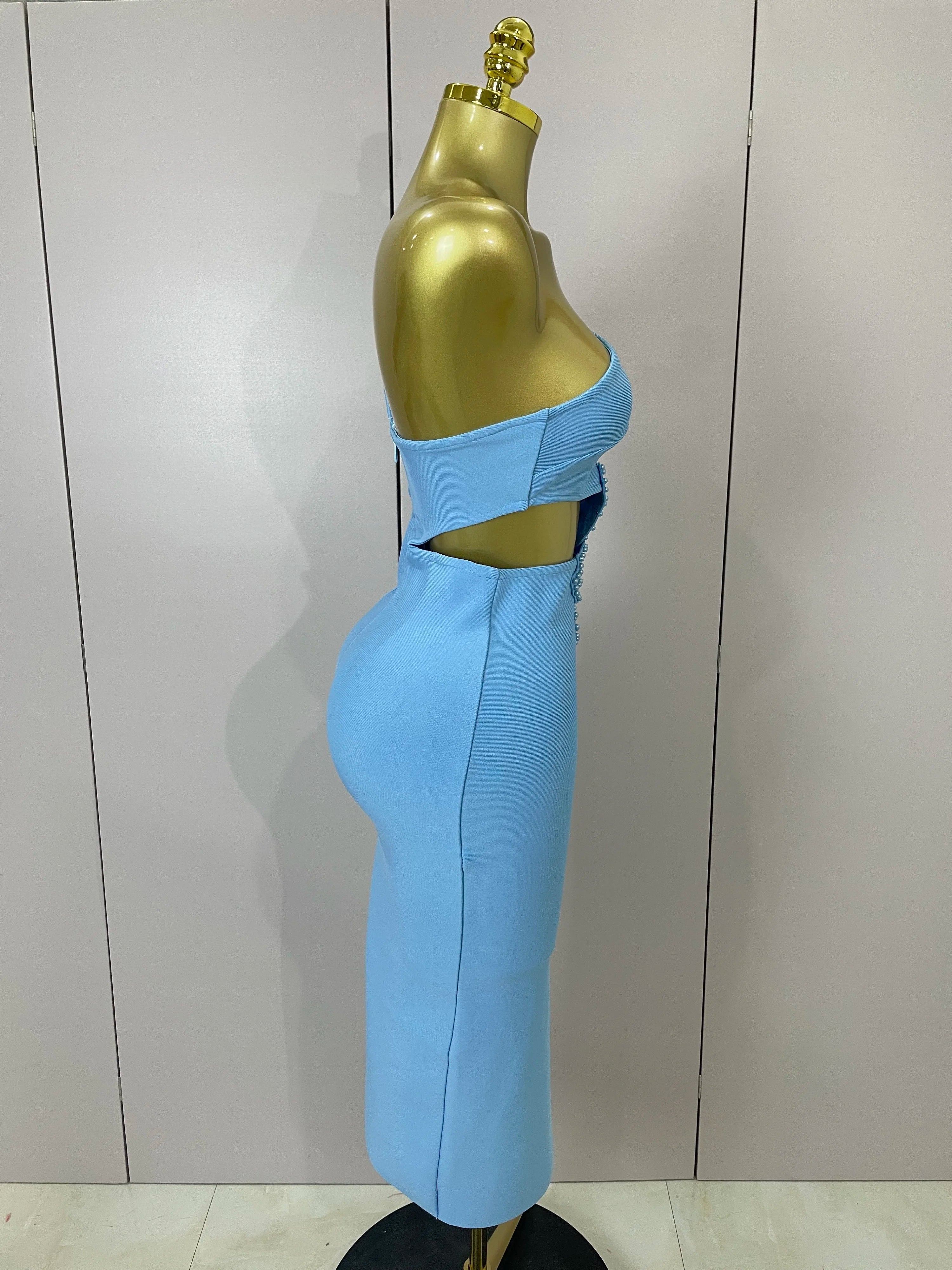 Luxury Sexy One Shoulder Pearl Sky Blue Bodycon Bandage Dress  Women Celebrity Elegant Evening Club Birthday Party Outfit