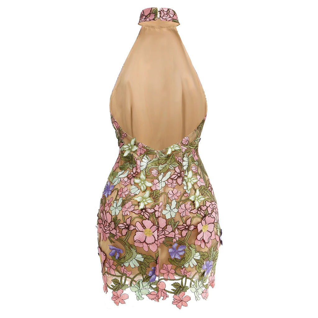 Women Sexy Halter Off the Shoulder Embroidery Bodycon Mini Dress Backless Celebrate Birthday Party Girls' Vacation Outfit