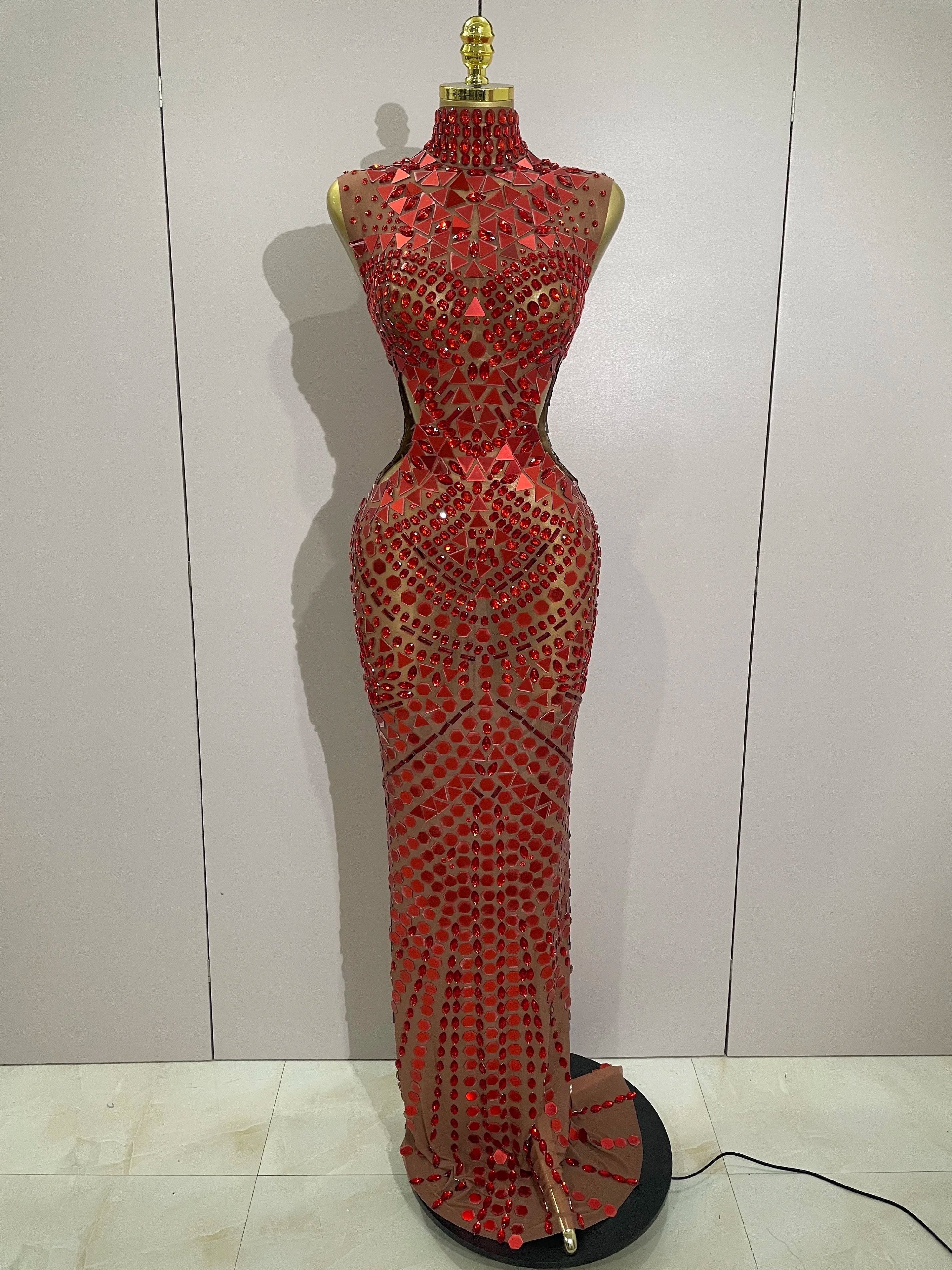Luxury Shiny Mirror Rhinestones Hollowed-out Long Dress Women Celebrity Evening Party Catwalk Prom Stage Photo Shoot Dresses Red