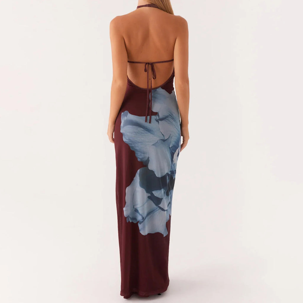 Sleeveless Laceup Open Back Floral Print Slip Dress