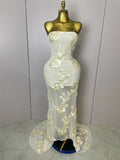 Women Sexy Strapless Embroidery Floor-length Maxi Dress Celebrate Evening Party Prom Cocktail Outfit Lemon yellow
