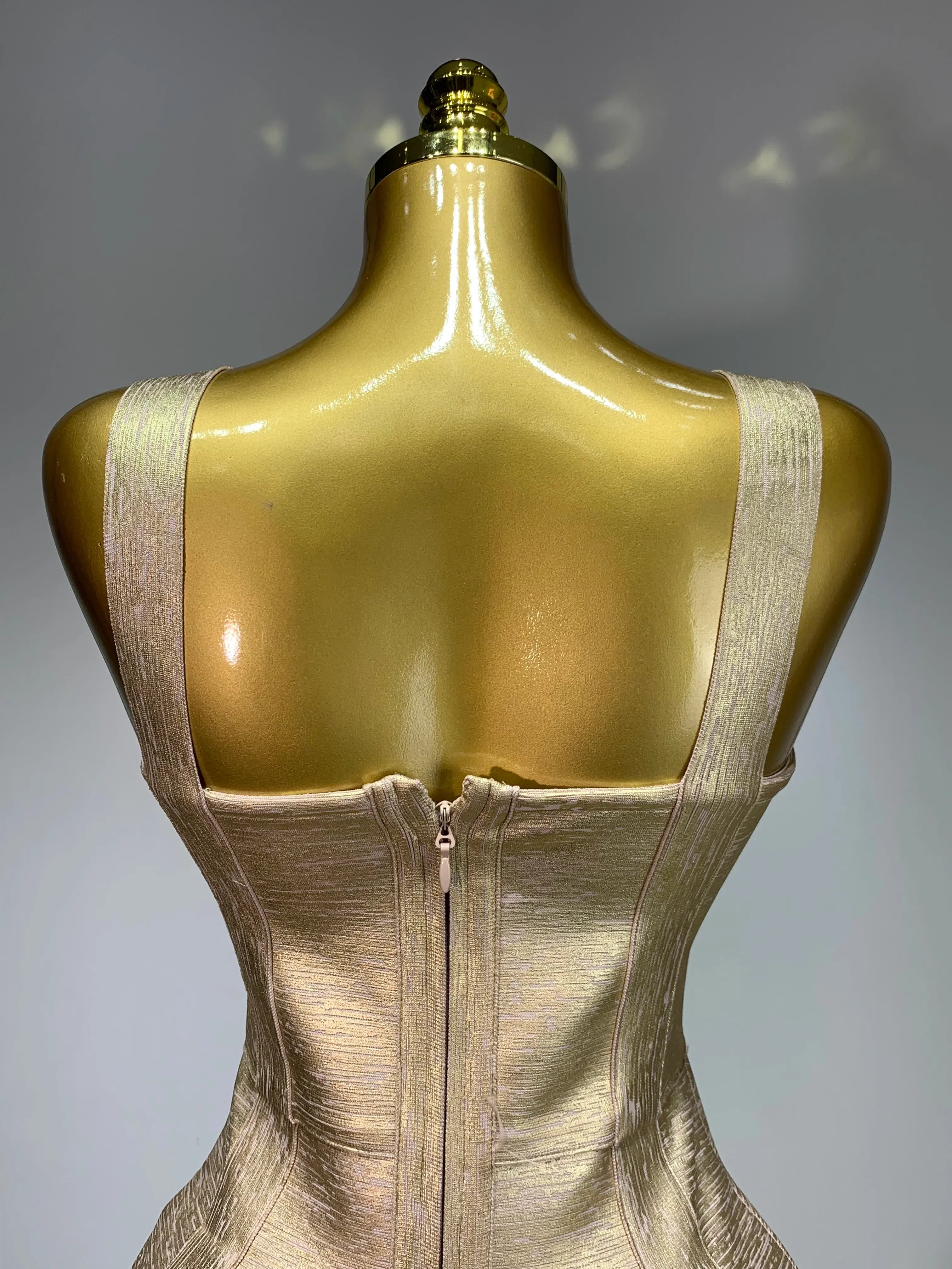 Women Sexy V Neck Bronzing Gold Midi Bodycon Bandage Dress Celebrity Elegant Evening Club Party Luxury Birthday Dress