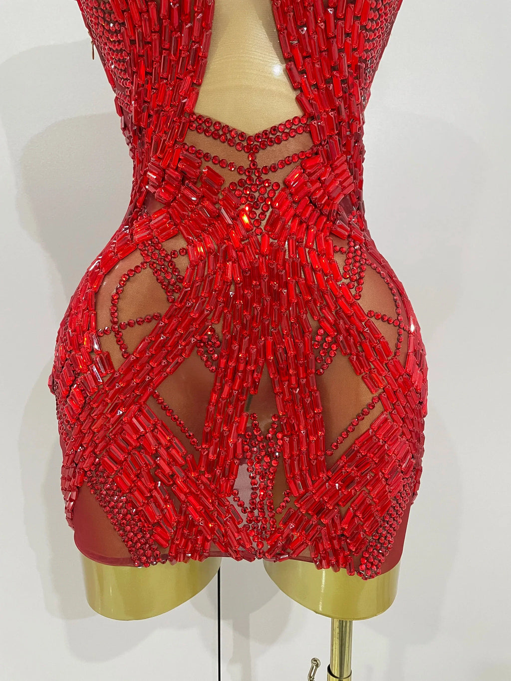 Shining Red Rhinestones Sexy Mesh See-Through Mini Dress Women Celebrate Evening Prom Birthday Party Dress Stage Shoot Wear