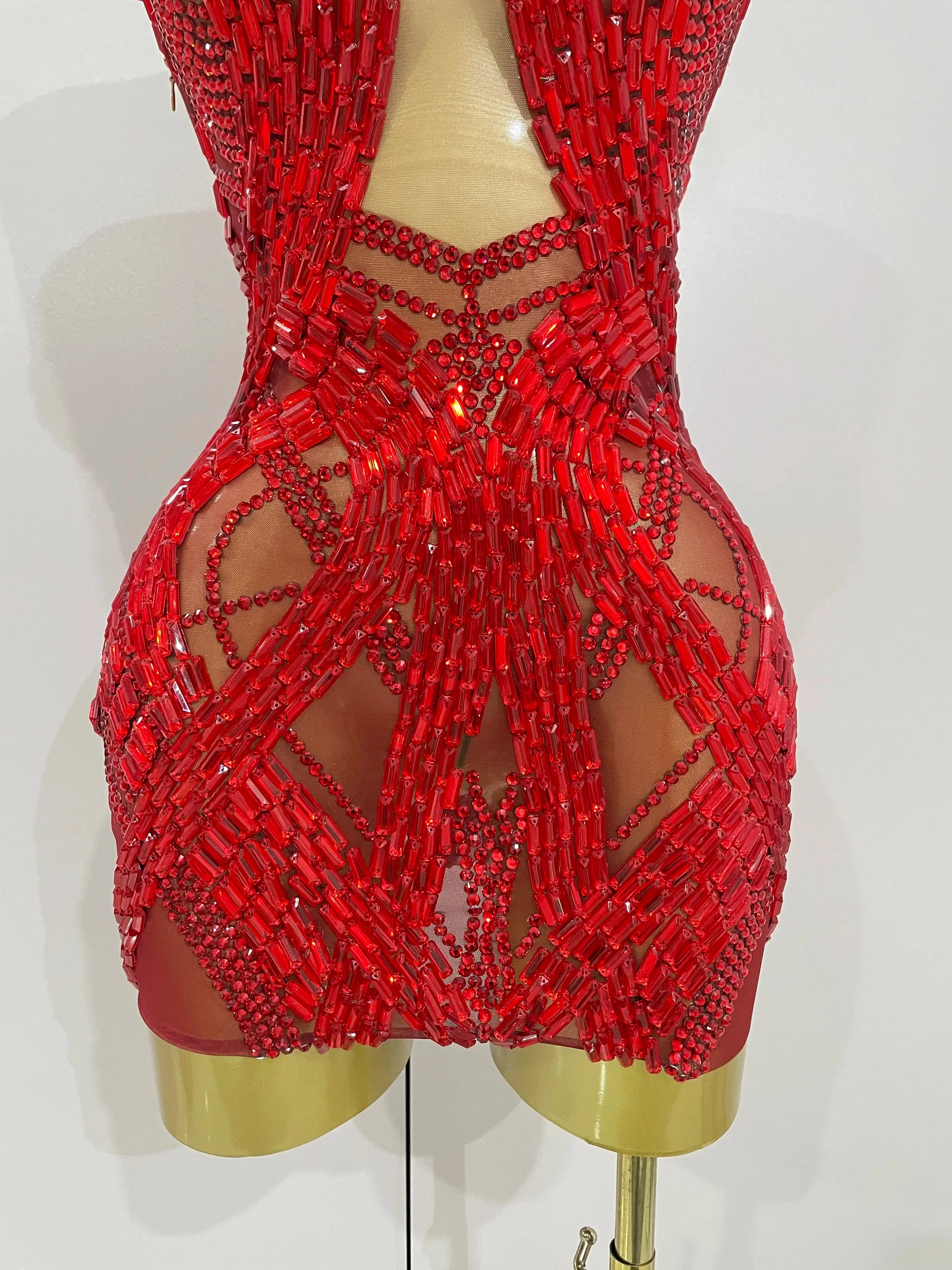 Shining Red Rhinestones Sexy Mesh See-Through Mini Dress Women Celebrate Evening Prom Birthday Party Dress Stage Shoot Wear
