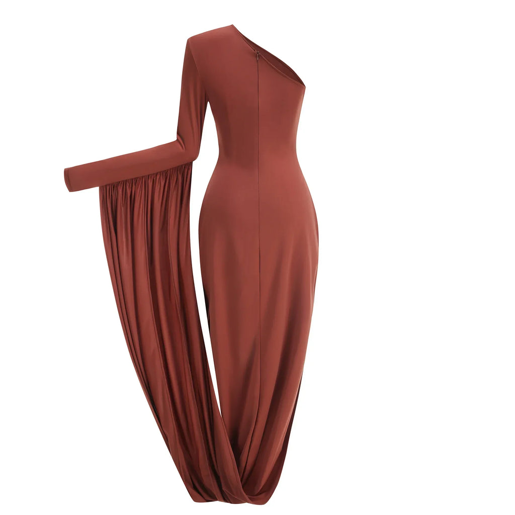 New Sexy Off-shoulder Long Skirt High-end Women's Slim Single-sleeved Dress Celebrate Evening Party Outfit Wholesale Brown