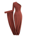 New Sexy Off-shoulder Long Skirt High-end Women's Slim Single-sleeved Dress Celebrate Evening Party Outfit Wholesale Brown