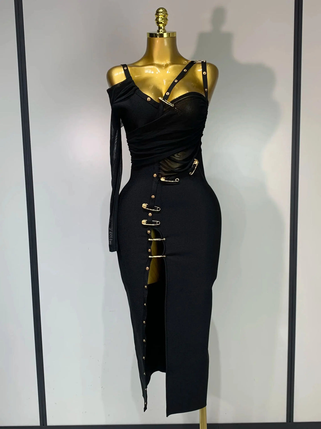One Shoulder Long Sleeve Bodycon Bandage Dress Cocktail Evening Party Luxury Birthday Dress Celebrity Prom Gown black