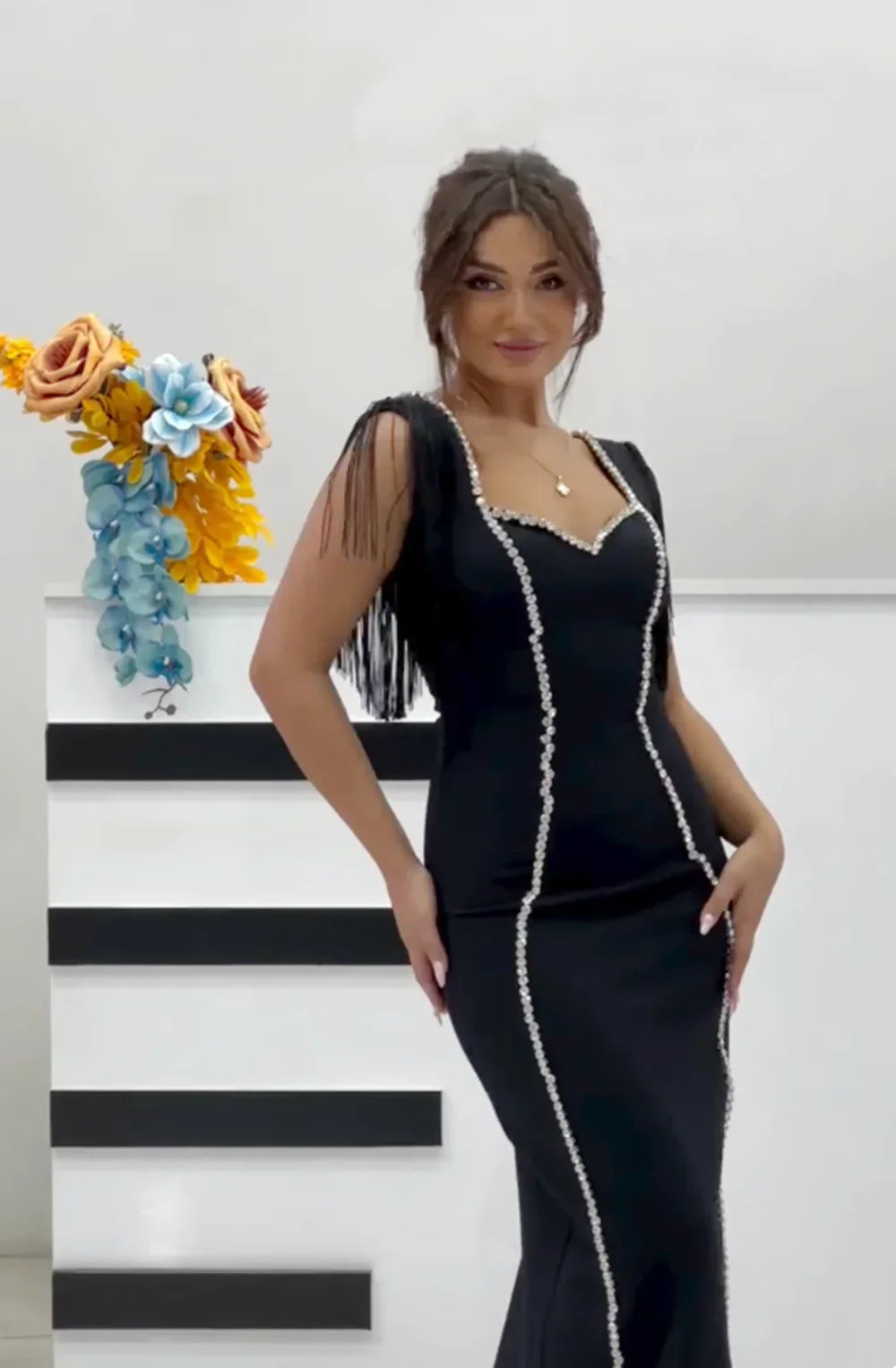 Women Sleeveless Sexy Square Collar Tassels Bodycon Bandage Long Dress Celebrate Nightclub Evening Party Dress