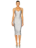 Foil Silver Color Women Sleeveless Sexy Strap Square Collar Bodycon Midi Bandage Dress Celebrate Nightclub Party Dress Vestido Silver