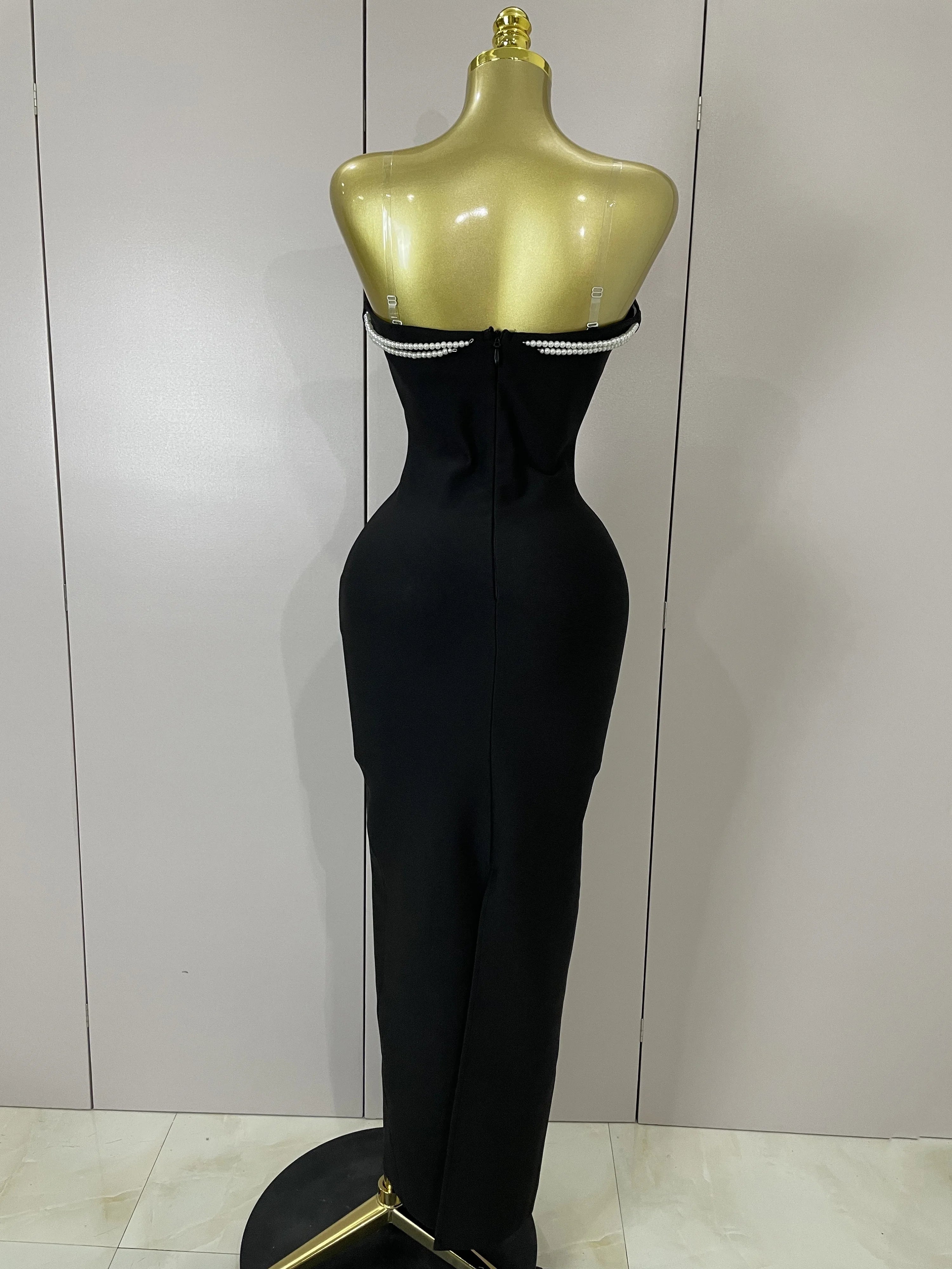 Sexy Backless Strapless Black Beading Long Bandage Bodycon Dress  Women Celebrity Elegant Evening Luxury Birthday Dresses