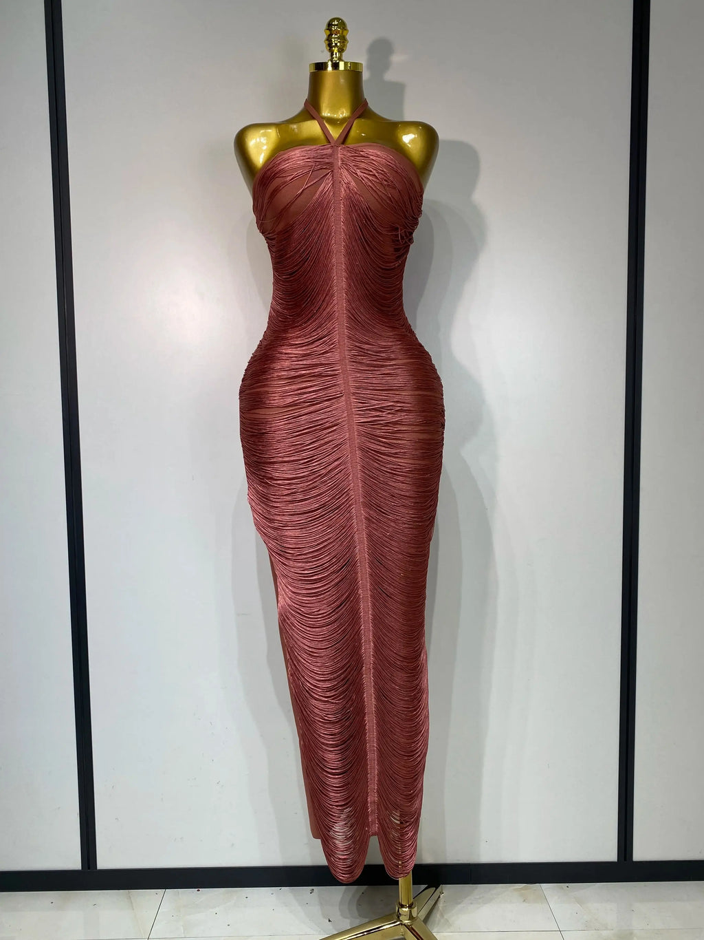 Women Sexy Celebrity Backless Halter Tassel Bodycon Bandage Dress Elegant Celebirty Evening Party Luxury Birthday Dress Brick red