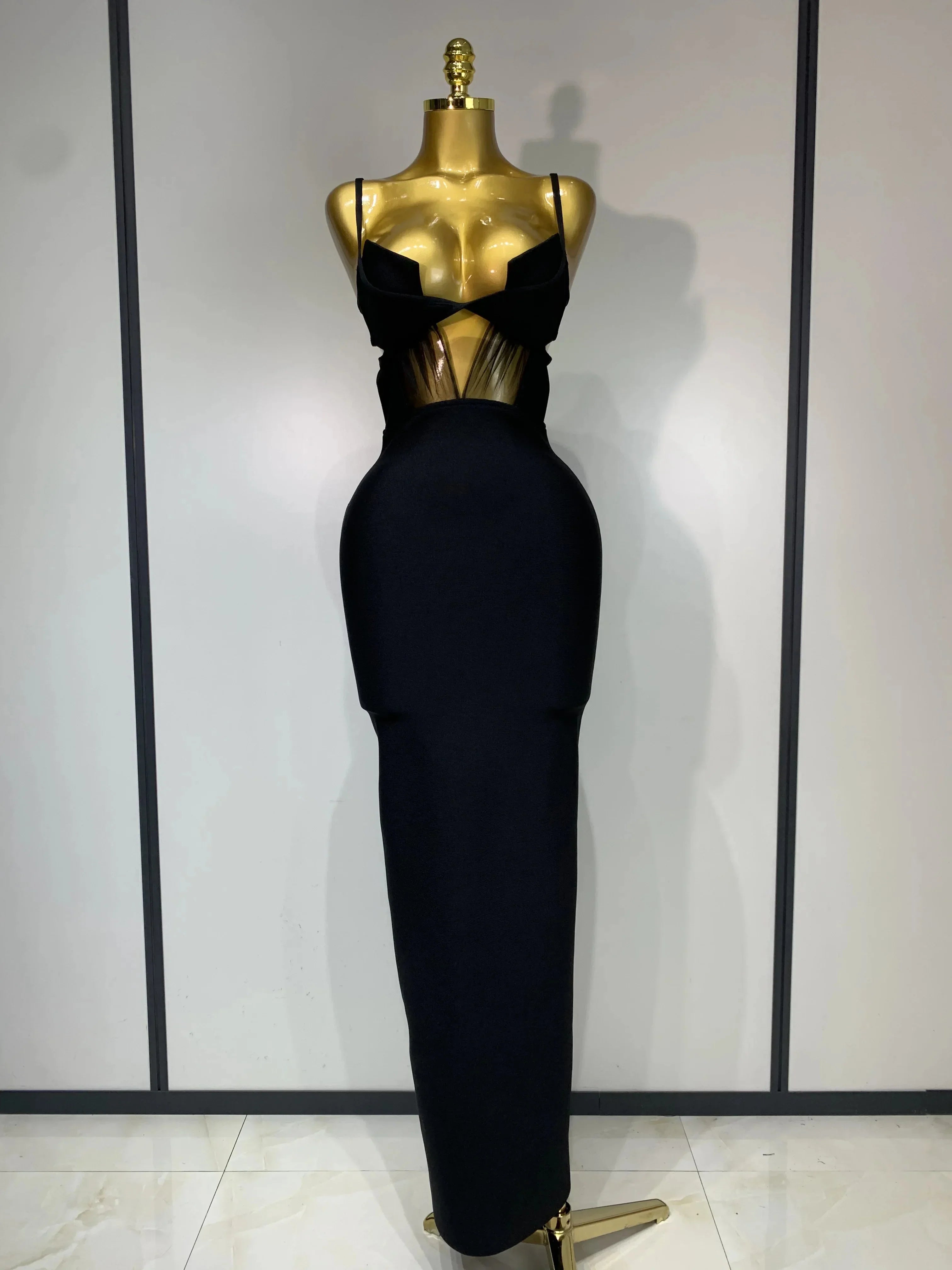 Fashion Black Spaghetti Strap Maxi Long Bandage Dress Mesh Cut Out Elegant Celebirty Bodycon Evening Club Party Birthday Dresses black