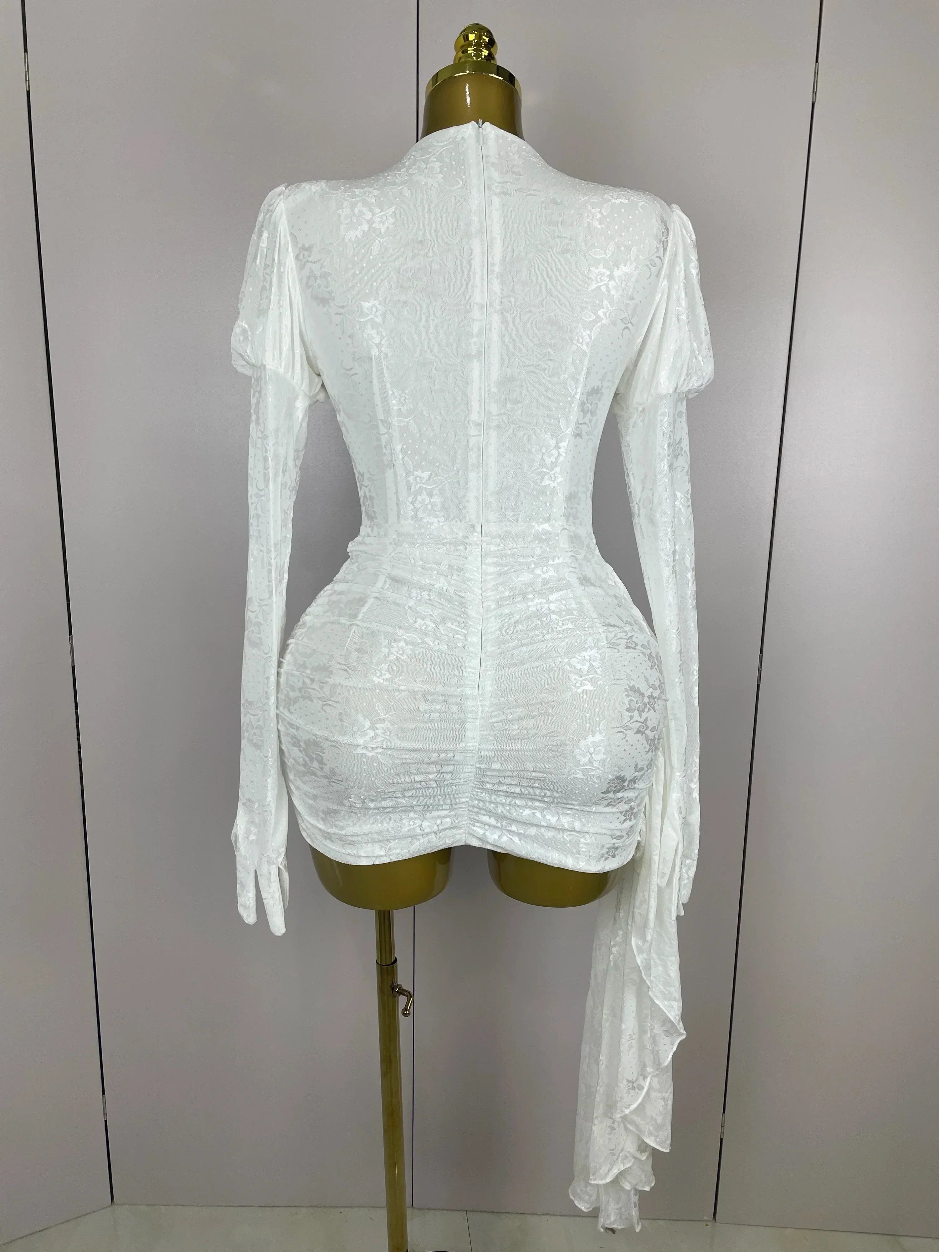 Women White Birthday Dress Fashion Long Sleeve O Neck Cut Out Bodycon Mini Trailing One Piece Celebrity Evening Club Dresses
