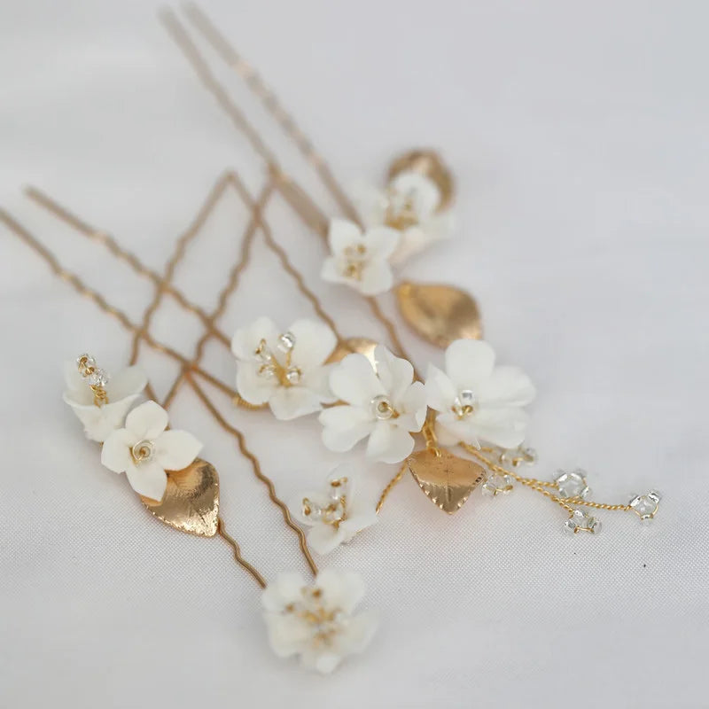 Bridal Accessories Porcelain Flower Hair Pins Clips Vintage Gold Color Hairpins For Brides Women Head Pieces Wedding Jewelry