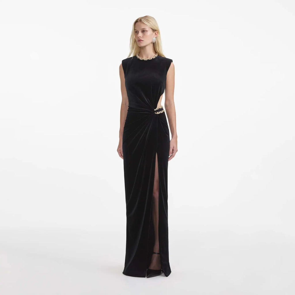 Black Color Women Sexy Sleeveless O-Neck Velvet Bodycon Long Maxi Dress Elegant Evening Party Cocktail Dress