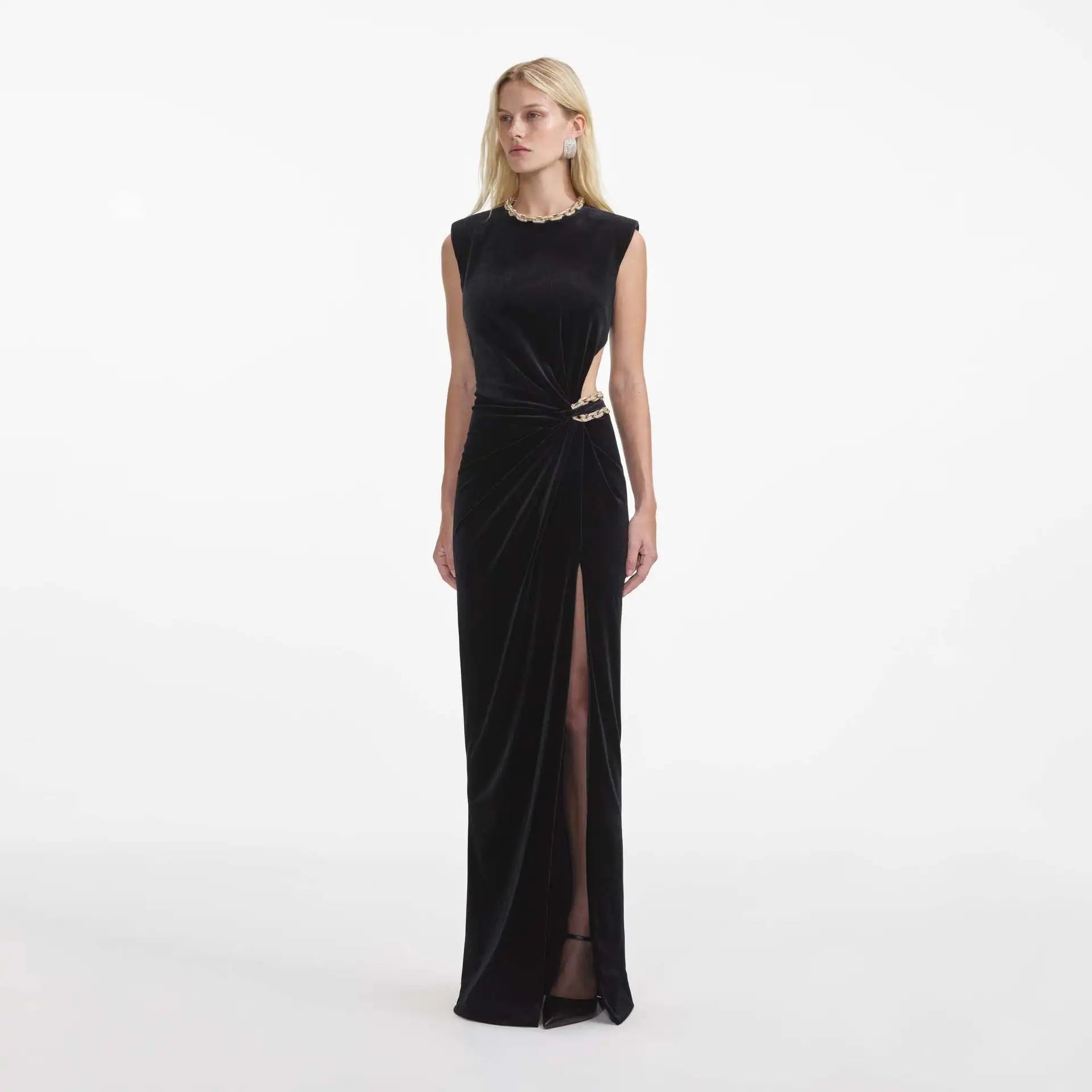 Black Color Women Sexy Sleeveless O-Neck Velvet Bodycon Long Maxi Dress Elegant Evening Party Cocktail Dress