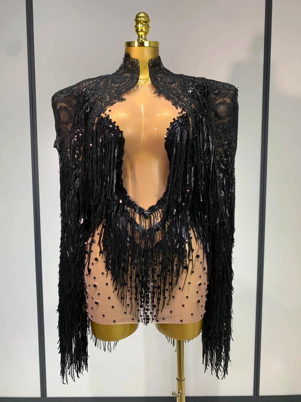Women Sexy Transparent Long Sleeve Bodycon Dress Two Piece Set Luxury Sequin Fringes Evening Party Celebrity Performance Costume black