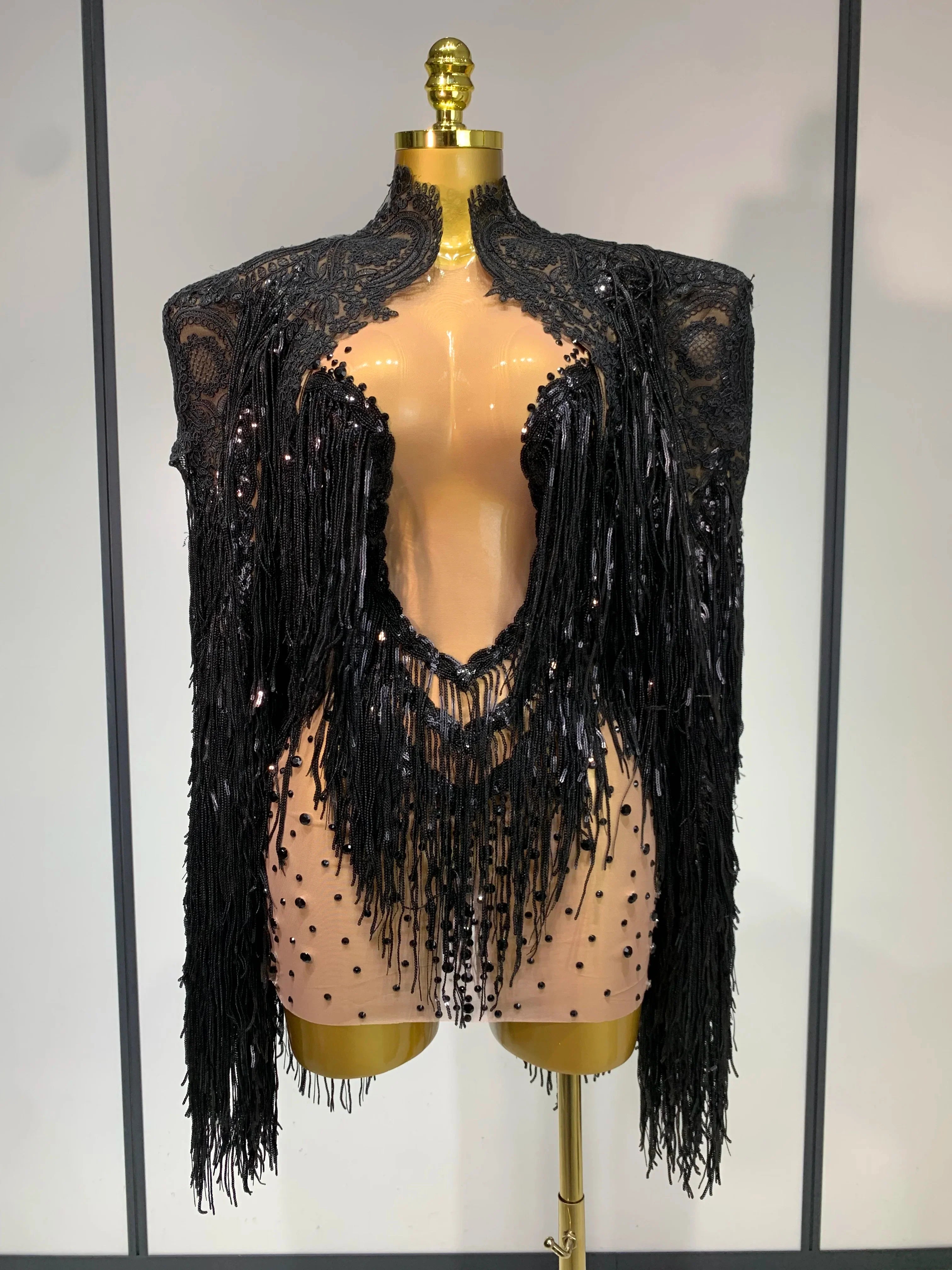 Women Sexy Transparent Long Sleeve Bodycon Dress Two Piece Set Luxury Sequin Fringes Evening Party Celebrity Performance Costume black