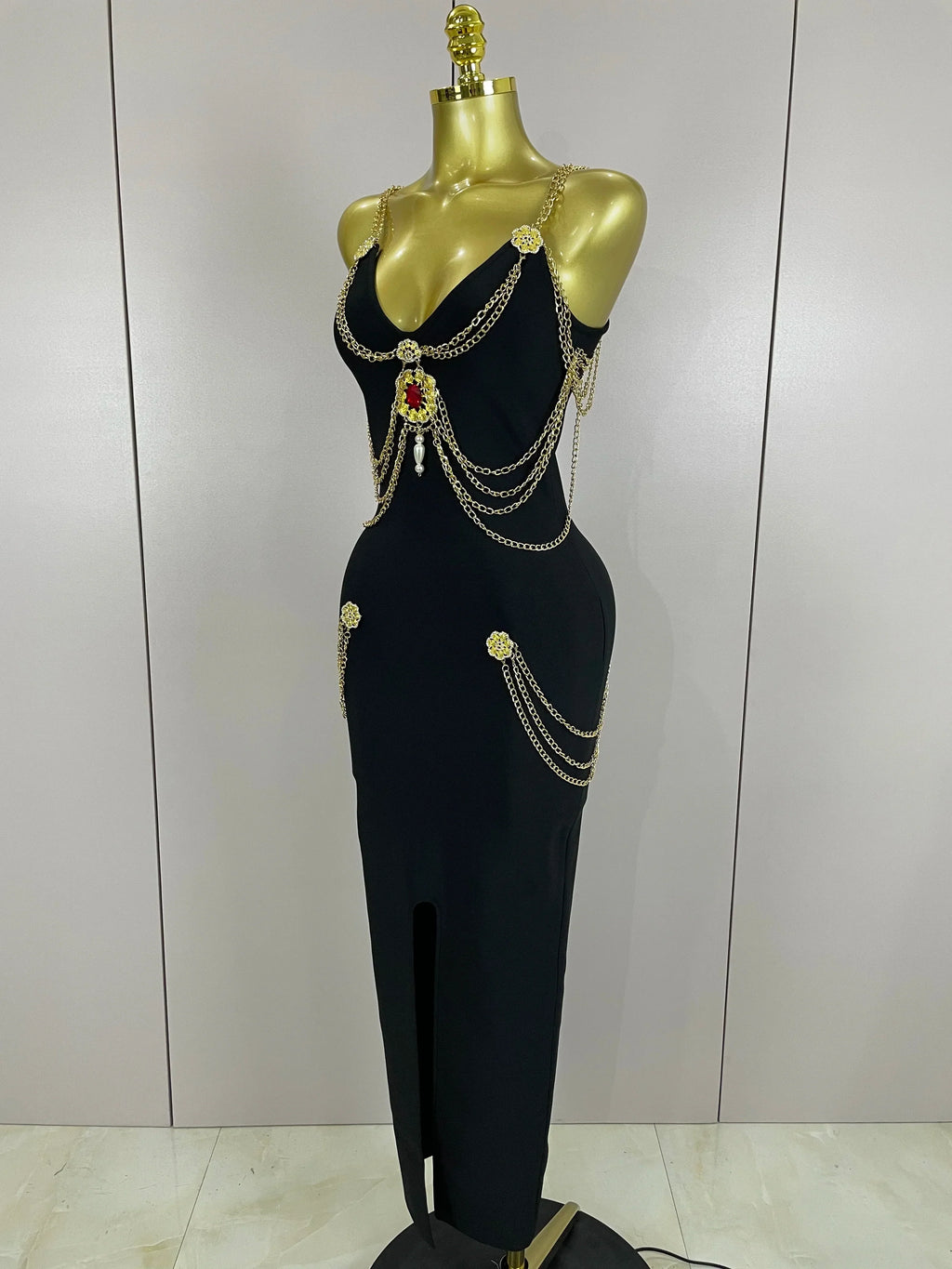 Black Chain Spaghetti Strap V-Neck Split Bandage Dress Bodycon Celebrity Club Party Long Dress Vestidos