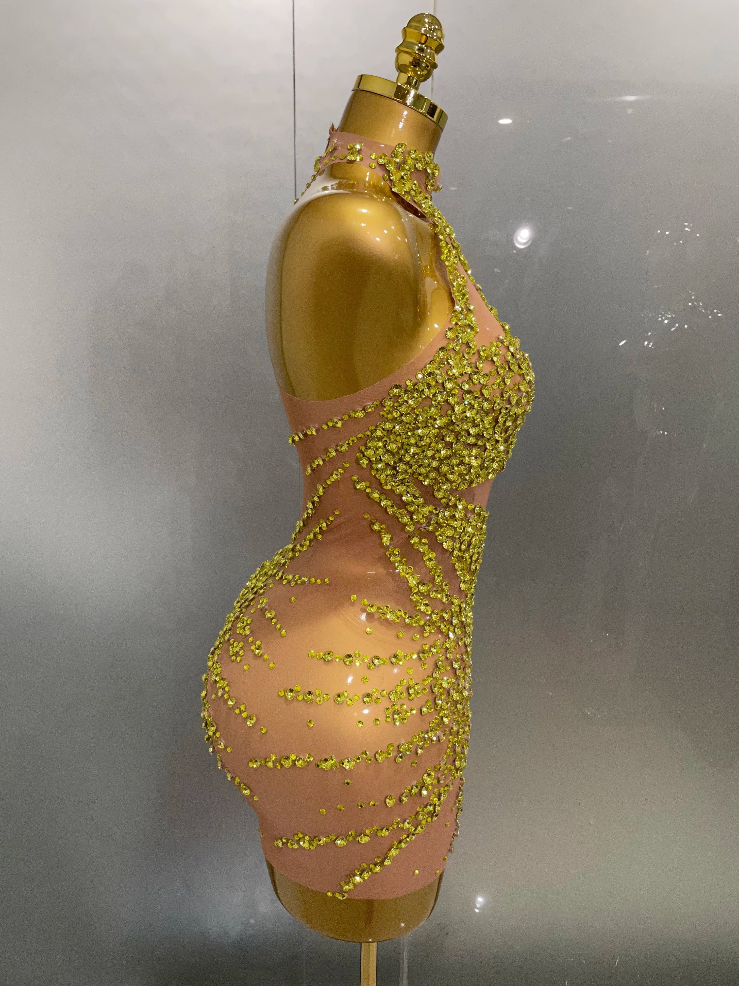 Luxury Sparkle Rhinestones Mesh Transparent Prom Dress  Women Sexy Birthday Celebrate Party Club Prom Outfit Bar Costume