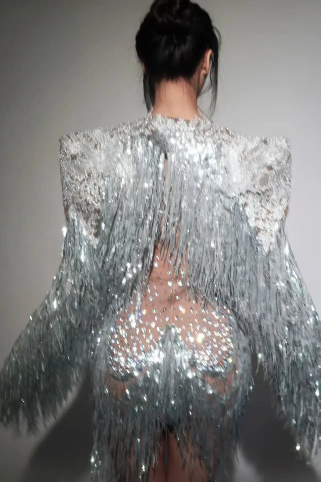 Sparkly Rhinestone Sequin Tassel Coat And Skirt 2Pcs Women Birthday Party Nightclub Dj Stage Performance Costume