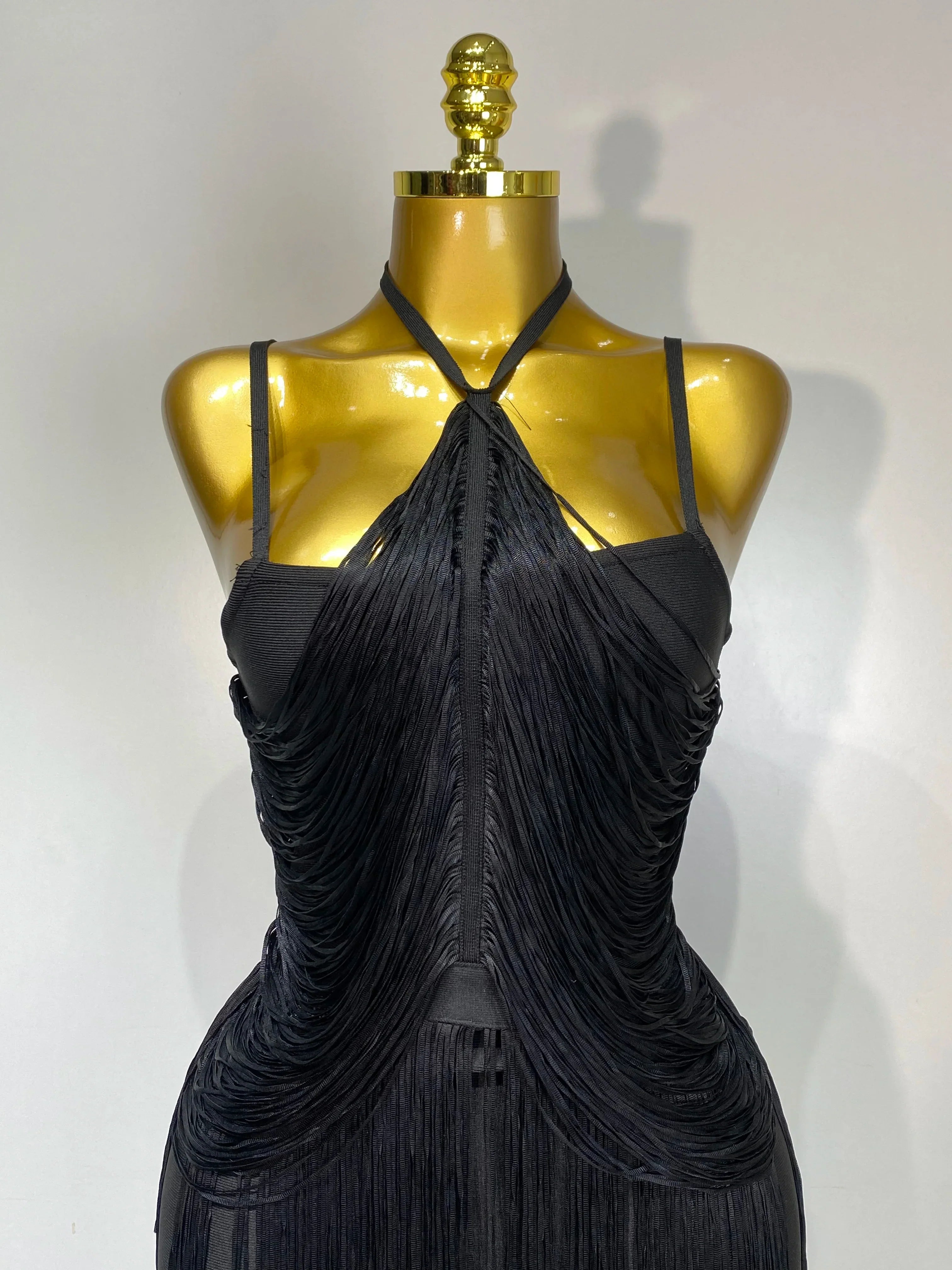Women Sexy Backless Tassel Black Ankle Bodycon Bandage Dress Celebrity Elegant Evening Club Luxury Birthday Party Dresses