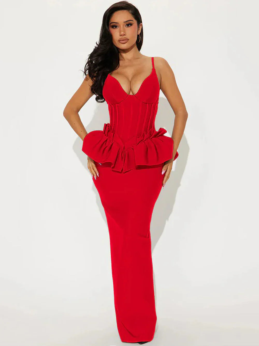 Sexy Women Long Bandage Dress Ruffle Sleeveless Slim Solid Summer Party Fishbone Maxi Dress Clubwear Female Vestido Outfits