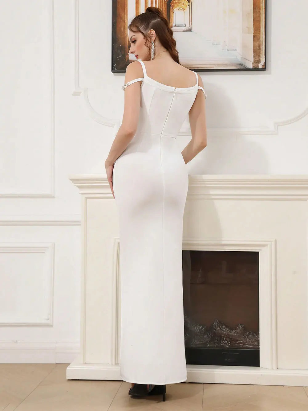 Elegant Women's Spaghetti Strap Nail Diamond Design Bandage Dress Bodycon Backless Long Dress Fashion Dinner Party Vestidos