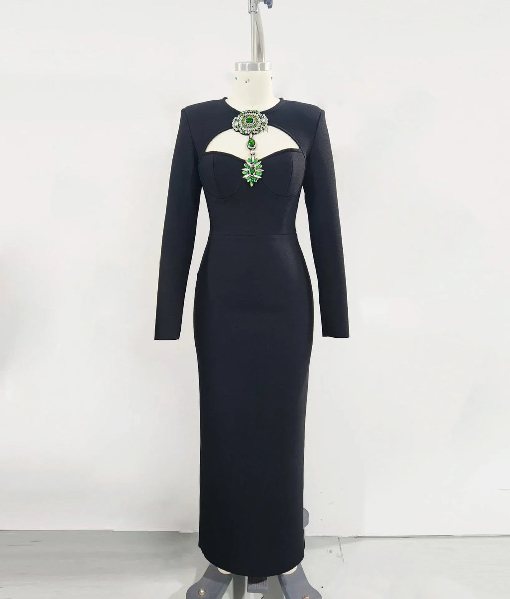 Women Long Sleeve Sexy Shinning Crystal Keyholes Bodycon Long Bandage Dress Celebrate Evening Party Cocktail Outfit