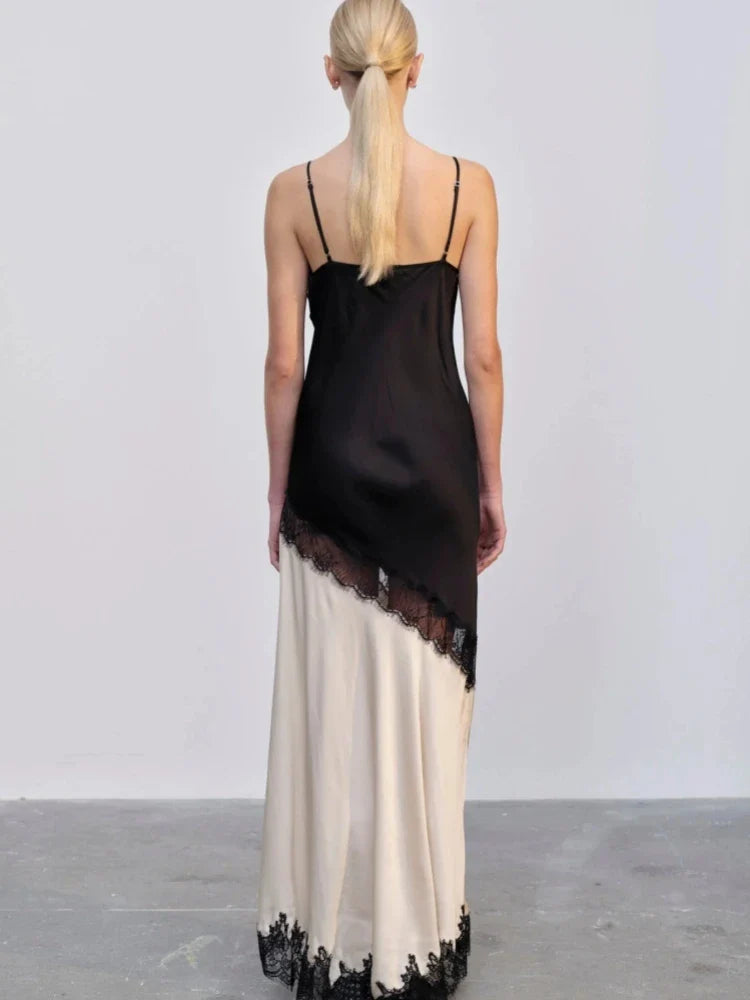 Sling VNeck Colorblock Backless Long Lace Dress