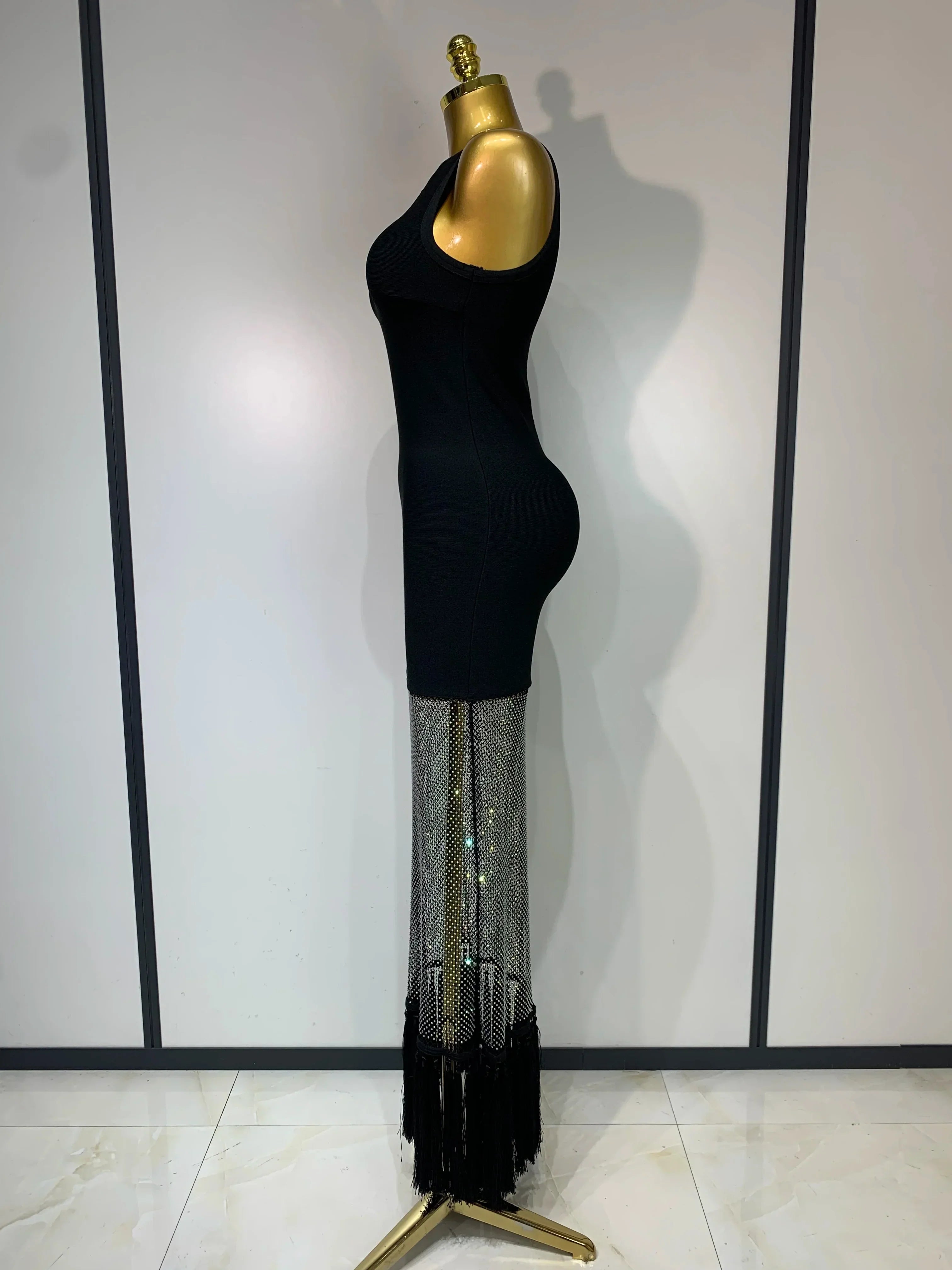Fashion Black Sleeveless Sparkly Diamonds Tassel Bandage Dress Celebrity Cocktail Evening Party Luxury Birthday Gown