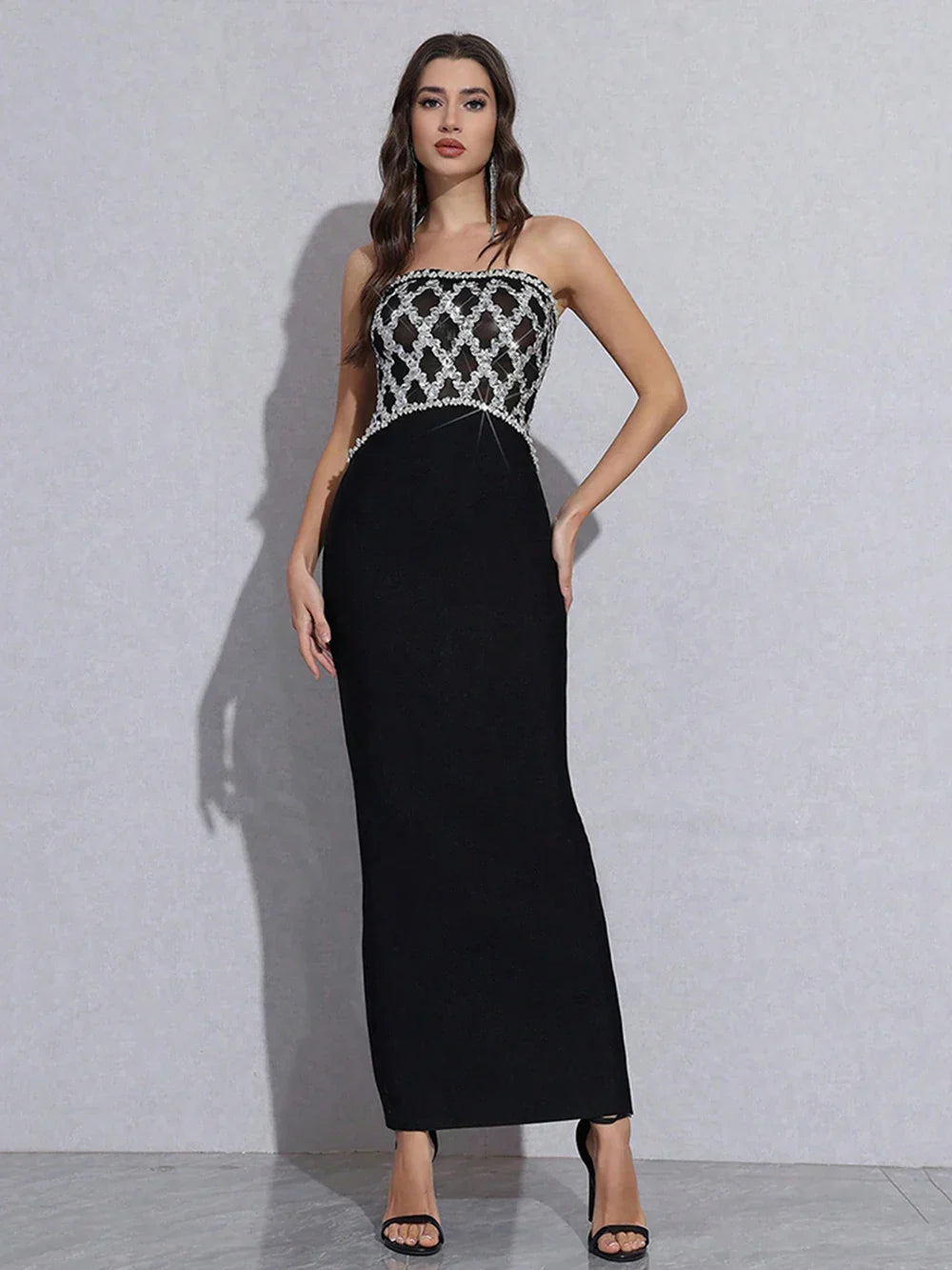 Sexy Strapless Diamond Sequin mesh Patchwork Bodycon Bandage Long Dress Women Fashion Celebrate Evening Party Gowns