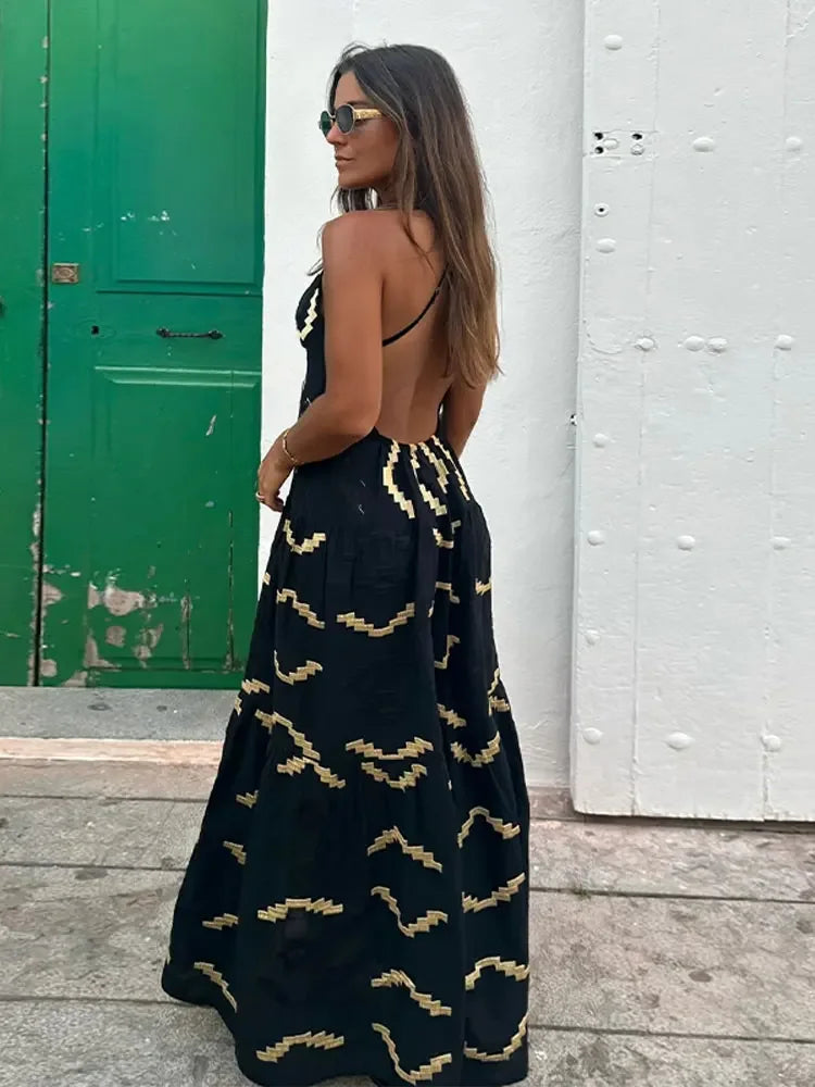 Sexy Backless Women Print Halter Maxi Dress Fashion Deep V neck High Waist Split Dresses Summer Lady Loose High Street Robe