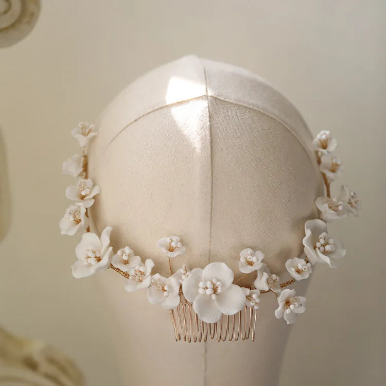 Bridal Jewelry Porcelain Flower Headband Gold Silver Color Hair Comb Pin For Brides Women Headwear Heapieces Wedding Accessories a gold color