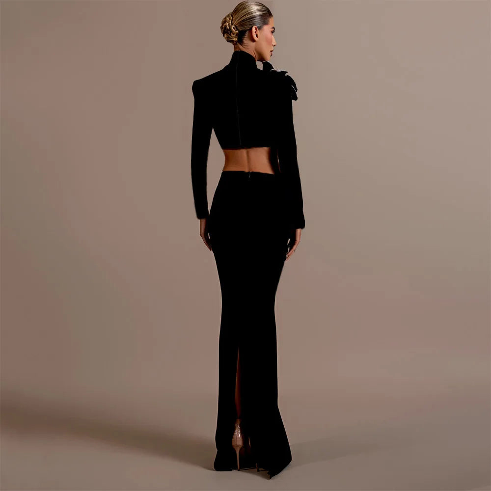 Women Long Sleeve Diamond Florals Bodycon 2 Pieces Mini Bandage Dress Celebrate Nightclub Party Birthday Dress