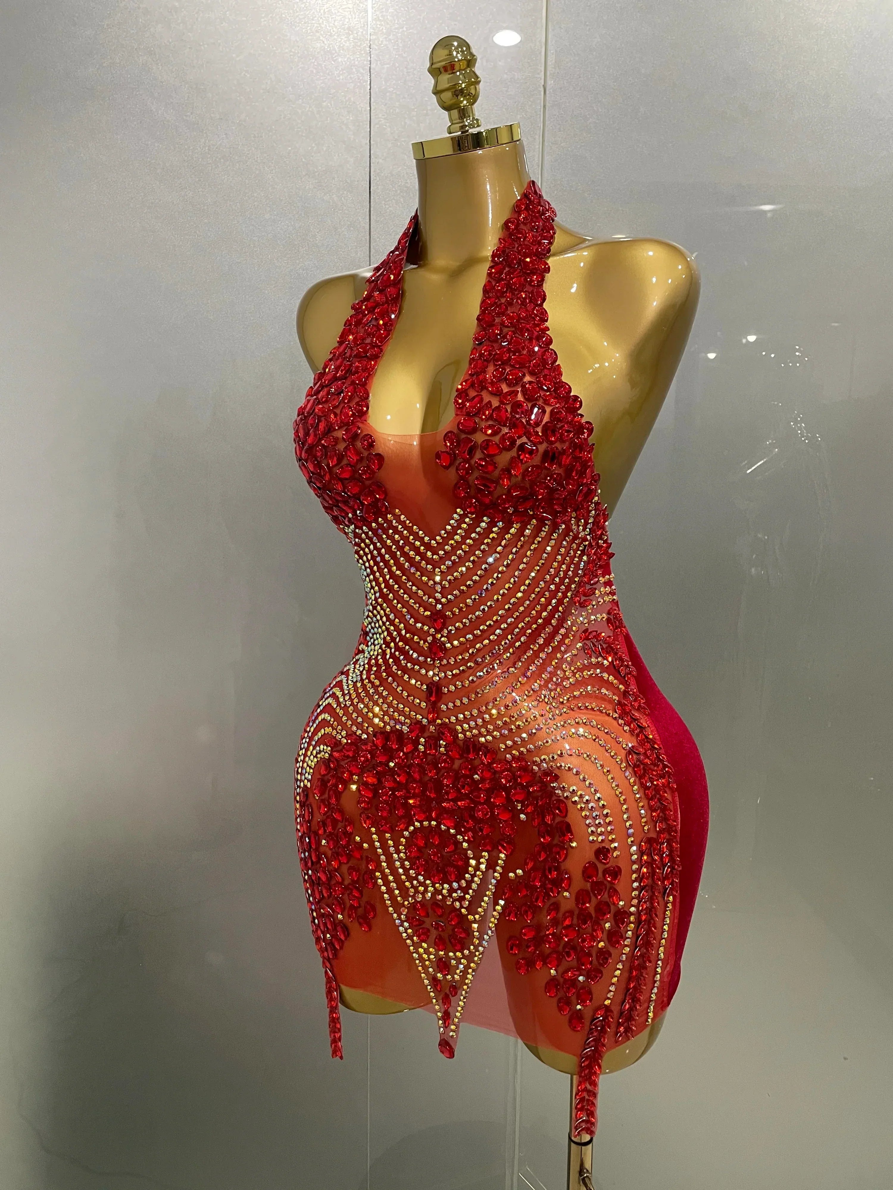 Sexy Red Sparkly Rhinestones Halter Backless Velour Short Dress  Women Evening Prom Celebrate Birthday Party Stage Wear