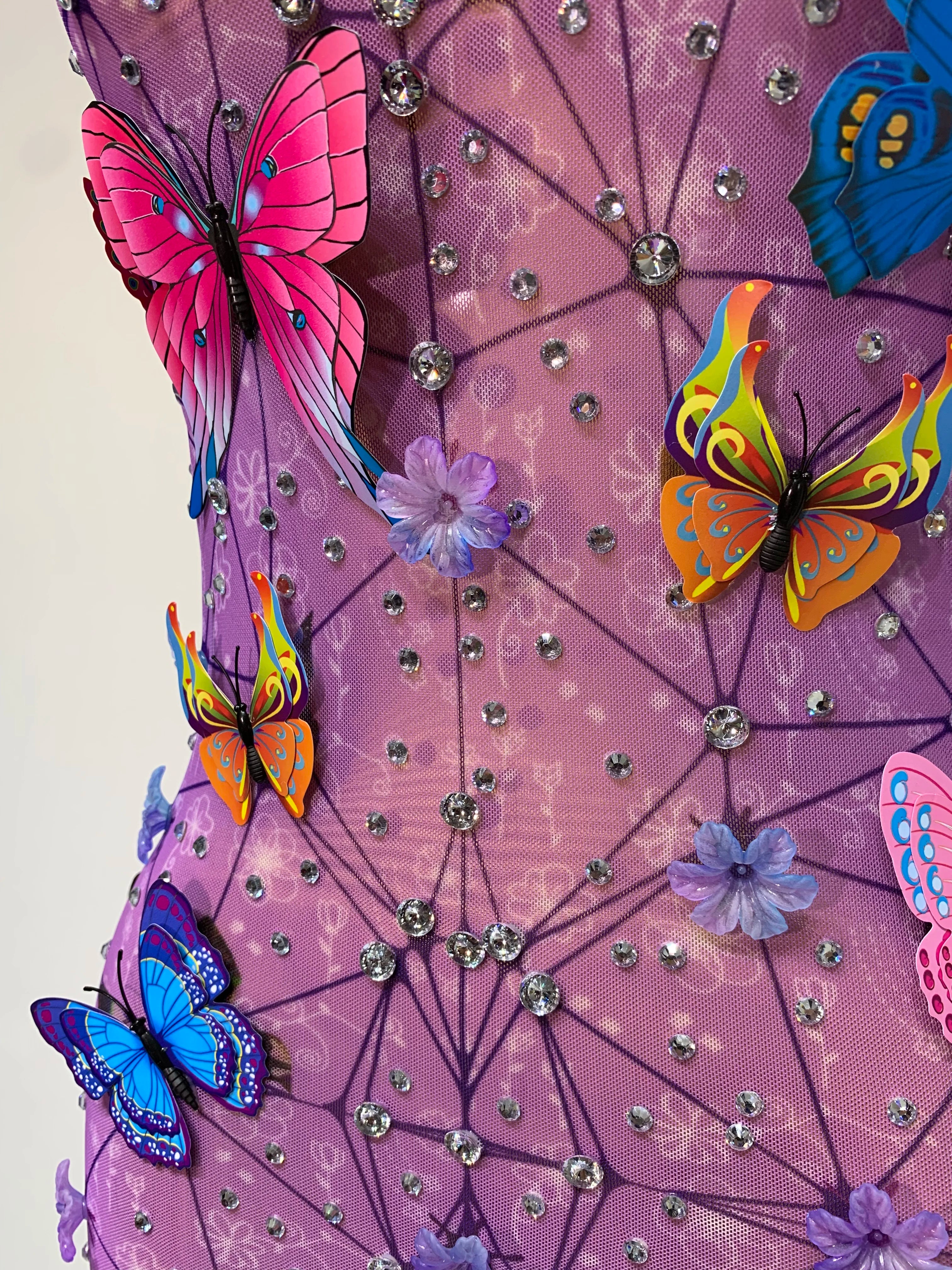 Sparkly Women Sexy Mesh See Through Dress Butterfly Purple Celebrity Luxury Birthday Nightclub Stage Outfit