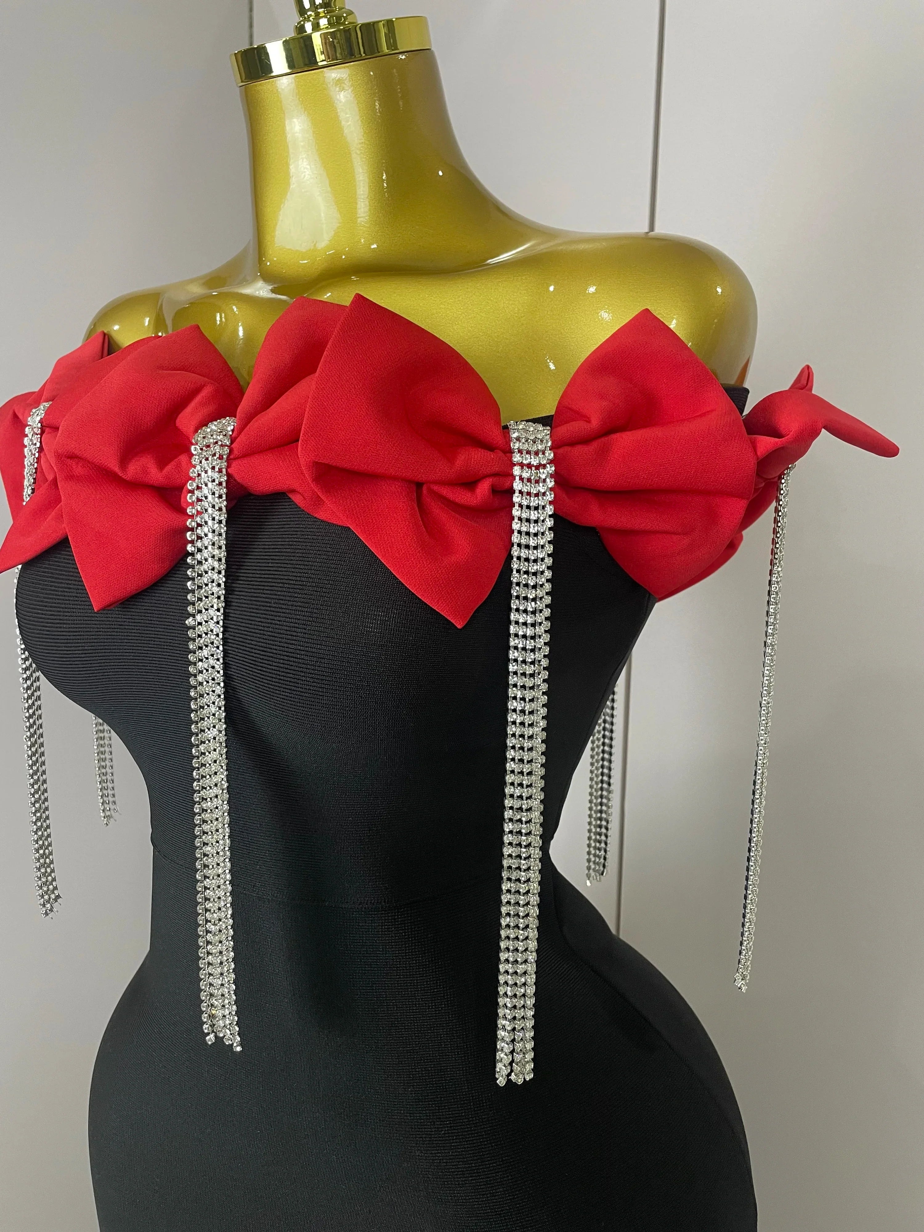 Women Celebrity Sexy Off Shoulder Flower Diamonds Black Bow Tie Maxi Long XL Bandage Dress Elegant Evening Club Party Dress
