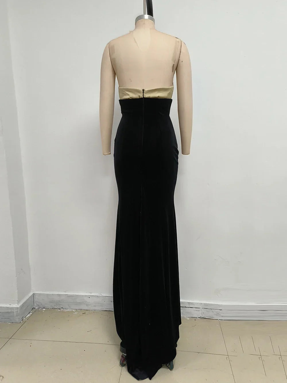 UpAvonu Elegant Strapless Patchwork Velvet Mermaid Long Dress Women Sexy Sleeveless Folds Slim Evening Runway Party Gown